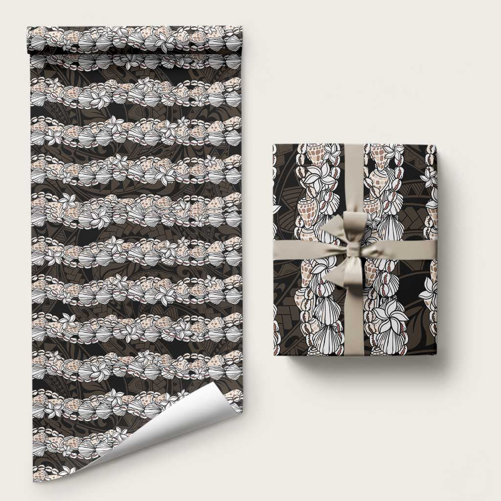 Black and Beige Hawaii Shell Lei Wrapping Paper Hawaiian Sunrise Shell Hebrew Cone Plumeria LT14 58" × 23" Black - Polynesian Pride
