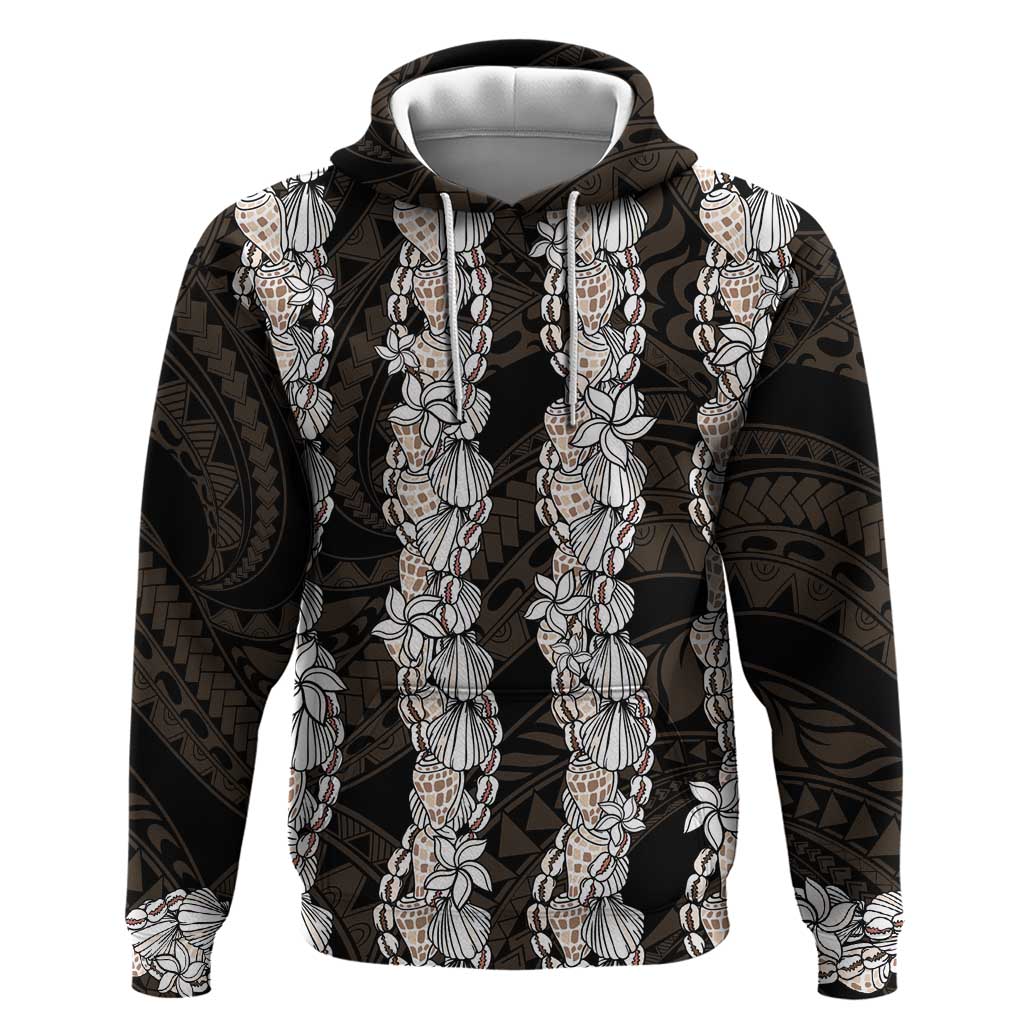 Black and Beige Hawaii Shell Lei Zip Hoodie Hawaiian Sunrise Shell Hebrew Cone Plumeria - Polynesian Pride