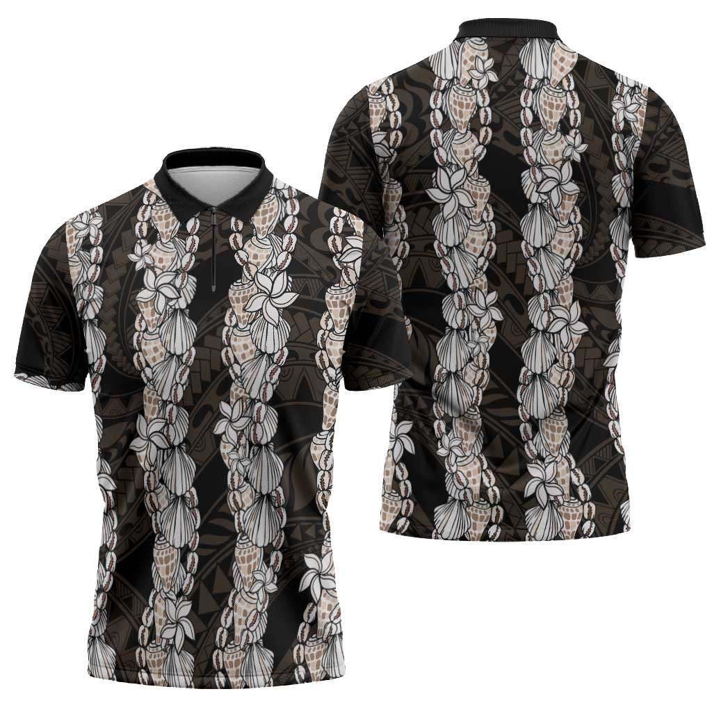 Black and Beige Hawaii Shell Lei Zipper Polo Shirt Hawaiian Sunrise Shell Hebrew Cone Plumeria - Polynesian Pride