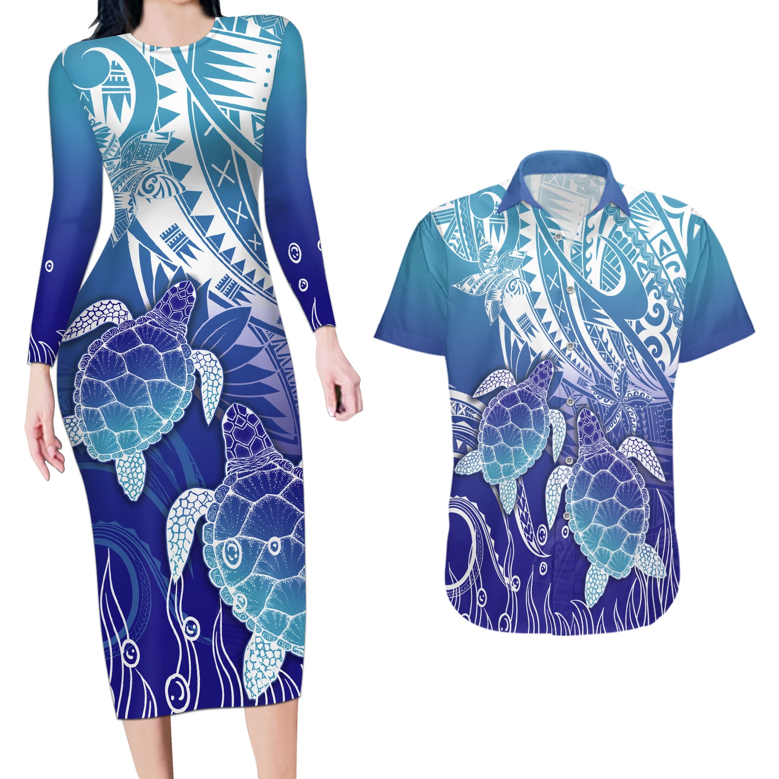 Polynesia Sea Turtle Couples Matching Long Sleeve Bodycon Dress and Hawaiian Shirt Happy Valentine Day Polynesian - Dark Cyan LT14 Dark Cyan - Polynesian Pride