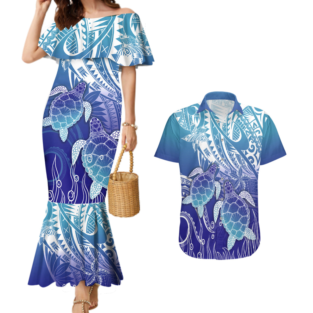 Polynesia Sea Turtle Couples Matching Mermaid Dress and Hawaiian Shirt Happy Valentine Day Polynesian - Dark Cyan LT14 Dark Cyan - Polynesian Pride