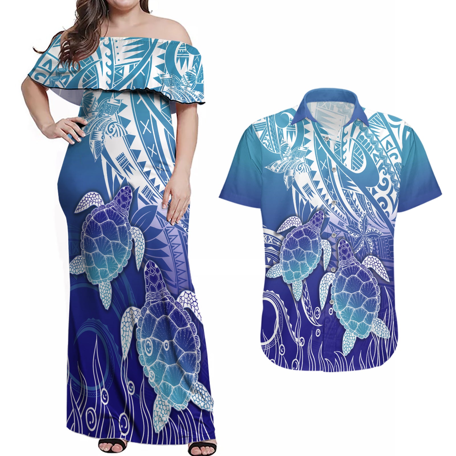 Polynesia Sea Turtle Couples Matching Off Shoulder Maxi Dress and Hawaiian Shirt Happy Valentine Day Polynesian - Dark Cyan LT14 Dark Cyan - Polynesian Pride