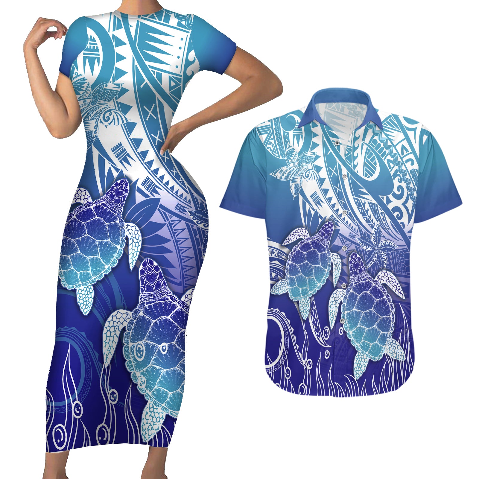 Polynesia Sea Turtle Couples Matching Short Sleeve Bodycon Dress and Hawaiian Shirt Happy Valentine Day Polynesian - Dark Cyan LT14 Dark Cyan - Polynesian Pride