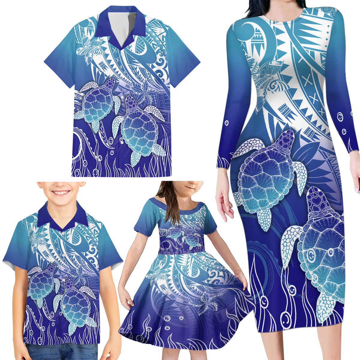 Polynesia Sea Turtle Family Matching Long Sleeve Bodycon Dress and Hawaiian Shirt Happy Valentine Day Polynesian - Dark Cyan LT14 - Polynesian Pride