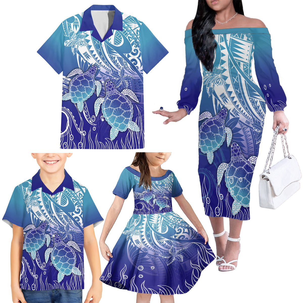 Polynesia Sea Turtle Family Matching Off Shoulder Long Sleeve Dress and Hawaiian Shirt Happy Valentine Day Polynesian - Dark Cyan LT14 - Polynesian Pride