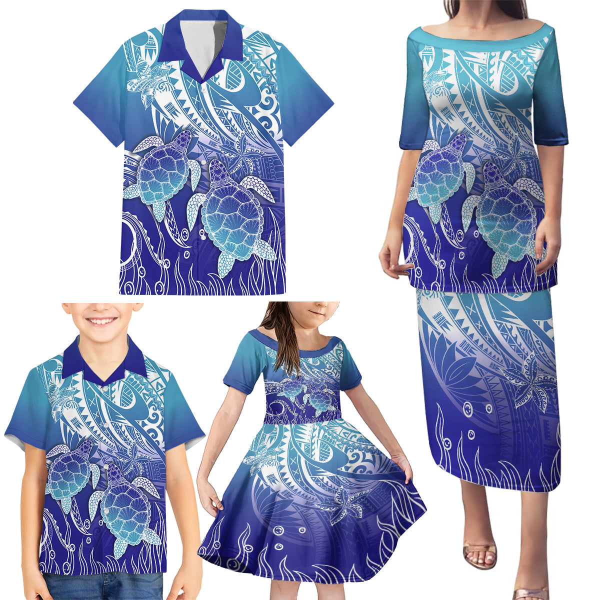 Polynesia Sea Turtle Family Matching Puletasi Dress and Hawaiian Shirt Happy Valentine Day Polynesian - Dark Cyan LT14 - Polynesian Pride