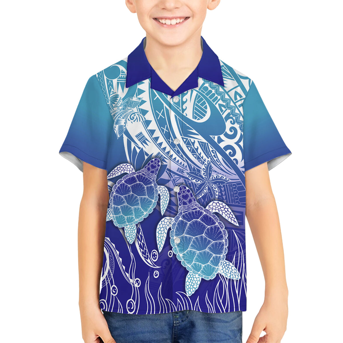 Polynesia Sea Turtle Family Matching Puletasi Dress and Hawaiian Shirt Happy Valentine Day Polynesian - Dark Cyan LT14 Son's Shirt Dark Cyan - Polynesian Pride