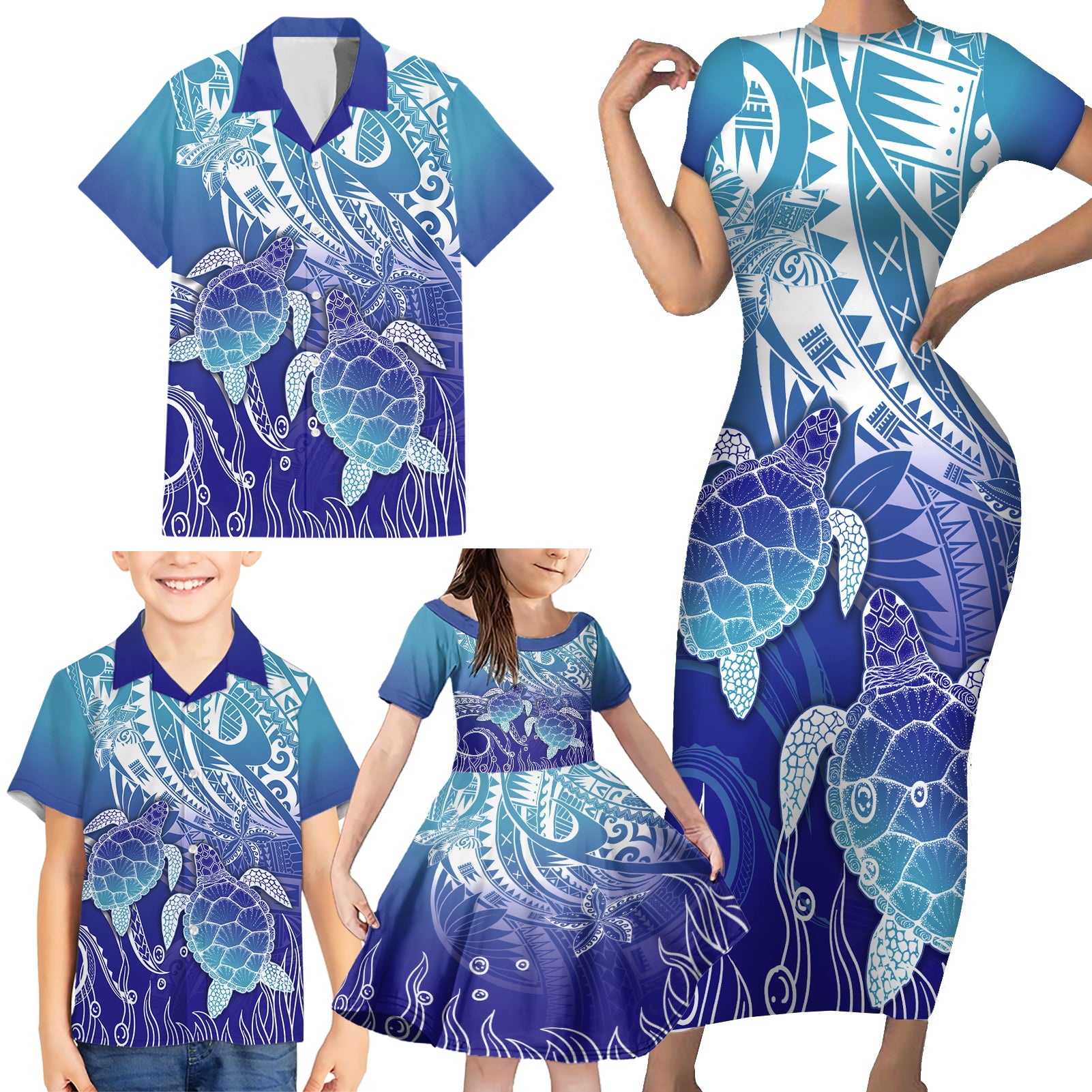 Polynesia Sea Turtle Family Matching Short Sleeve Bodycon Dress and Hawaiian Shirt Happy Valentine Day Polynesian - Dark Cyan LT14 - Polynesian Pride