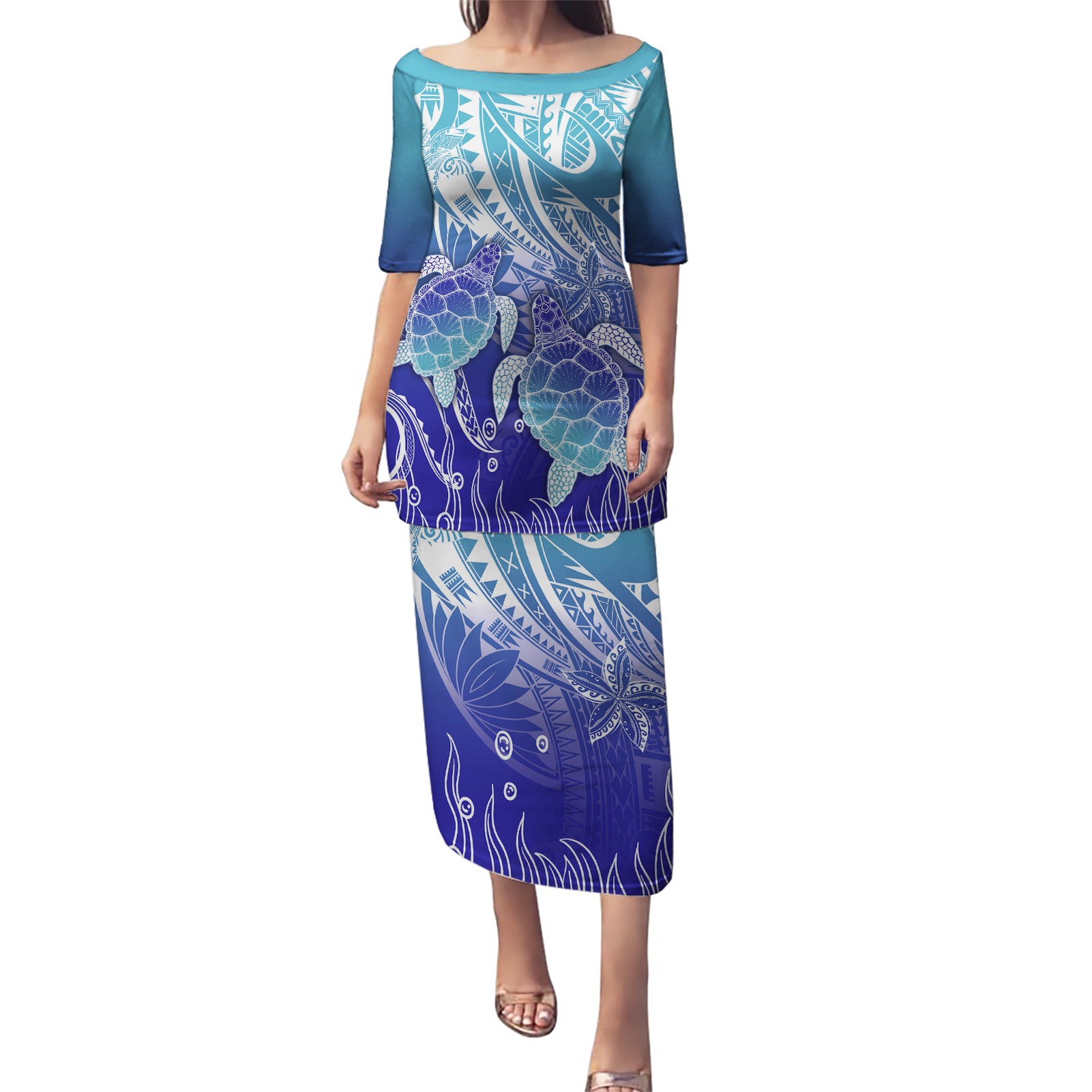 Polynesia Sea Turtle Puletasi Happy Valentine Day Polynesian - Dark Cyan LT14 Long Dress Dark Cyan - Polynesian Pride