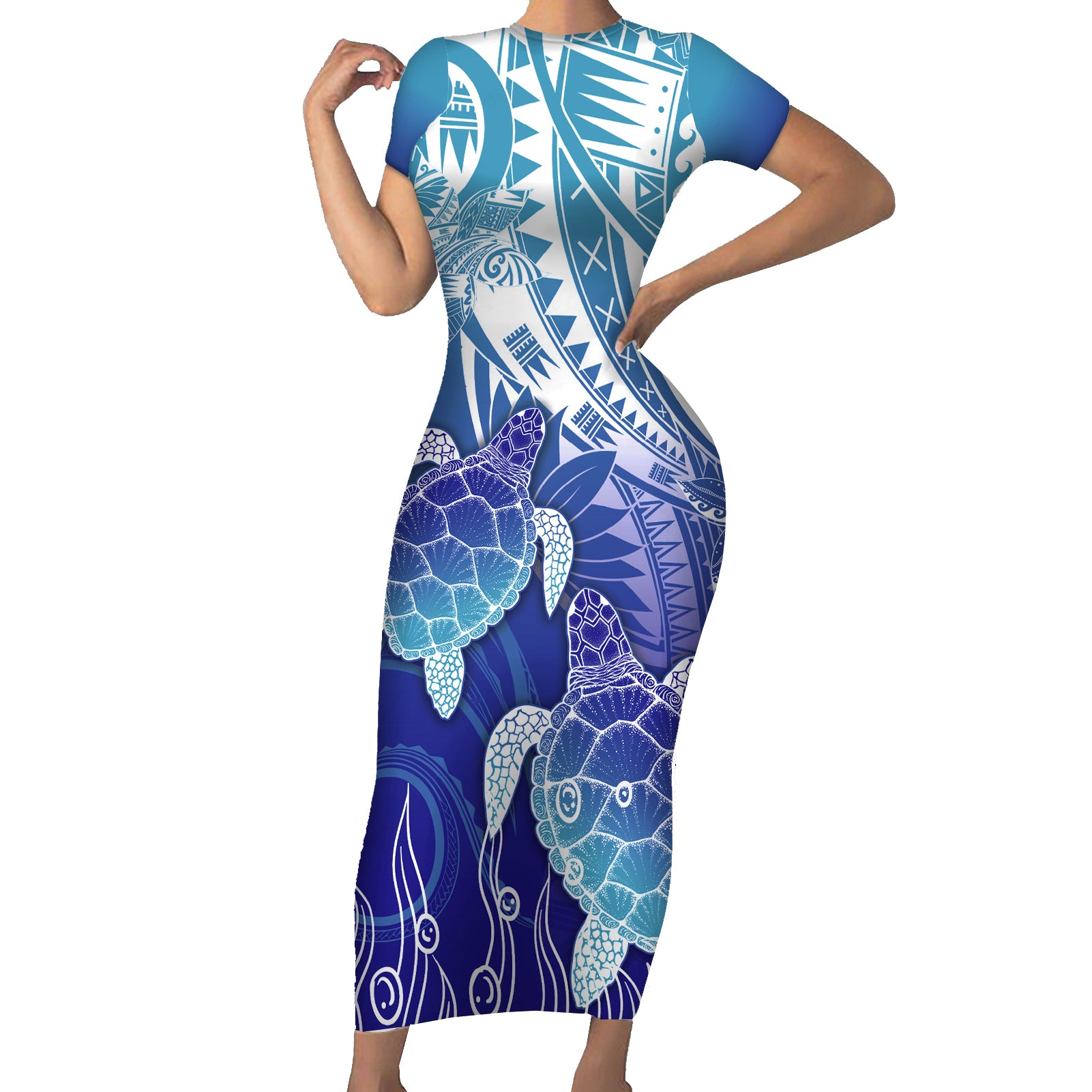 Polynesia Sea Turtle Short Sleeve Bodycon Dress Happy Valentine Day Polynesian - Dark Cyan LT14 Long Dress Dark Cyan - Polynesian Pride