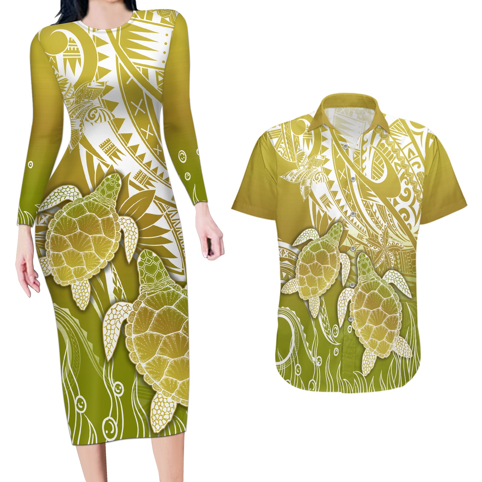 Polynesia Sea Turtle Couples Matching Long Sleeve Bodycon Dress and Hawaiian Shirt Happy Valentine Day Polynesian - Gold LT14 Gold - Polynesian Pride