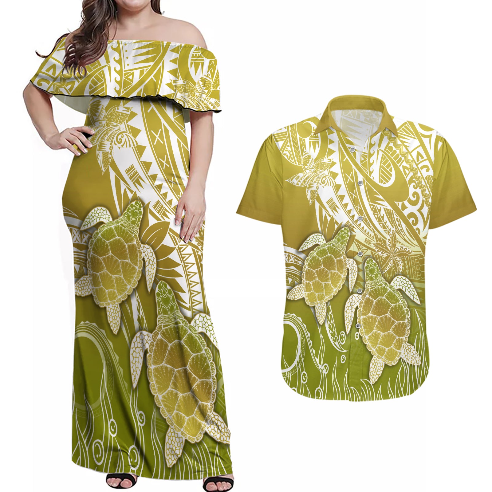 Polynesia Sea Turtle Couples Matching Off Shoulder Maxi Dress and Hawaiian Shirt Happy Valentine Day Polynesian - Gold LT14 Gold - Polynesian Pride