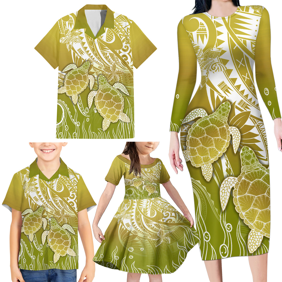 Polynesia Sea Turtle Family Matching Long Sleeve Bodycon Dress and Hawaiian Shirt Happy Valentine Day Polynesian - Gold LT14 - Polynesian Pride