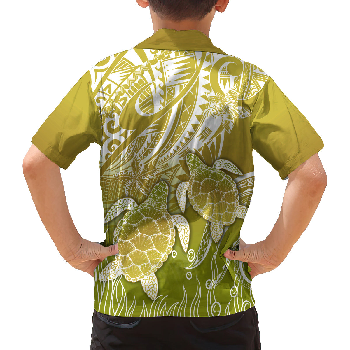 Polynesia Sea Turtle Family Matching Off Shoulder Long Sleeve Dress and Hawaiian Shirt Happy Valentine Day Polynesian - Gold LT14 - Polynesian Pride