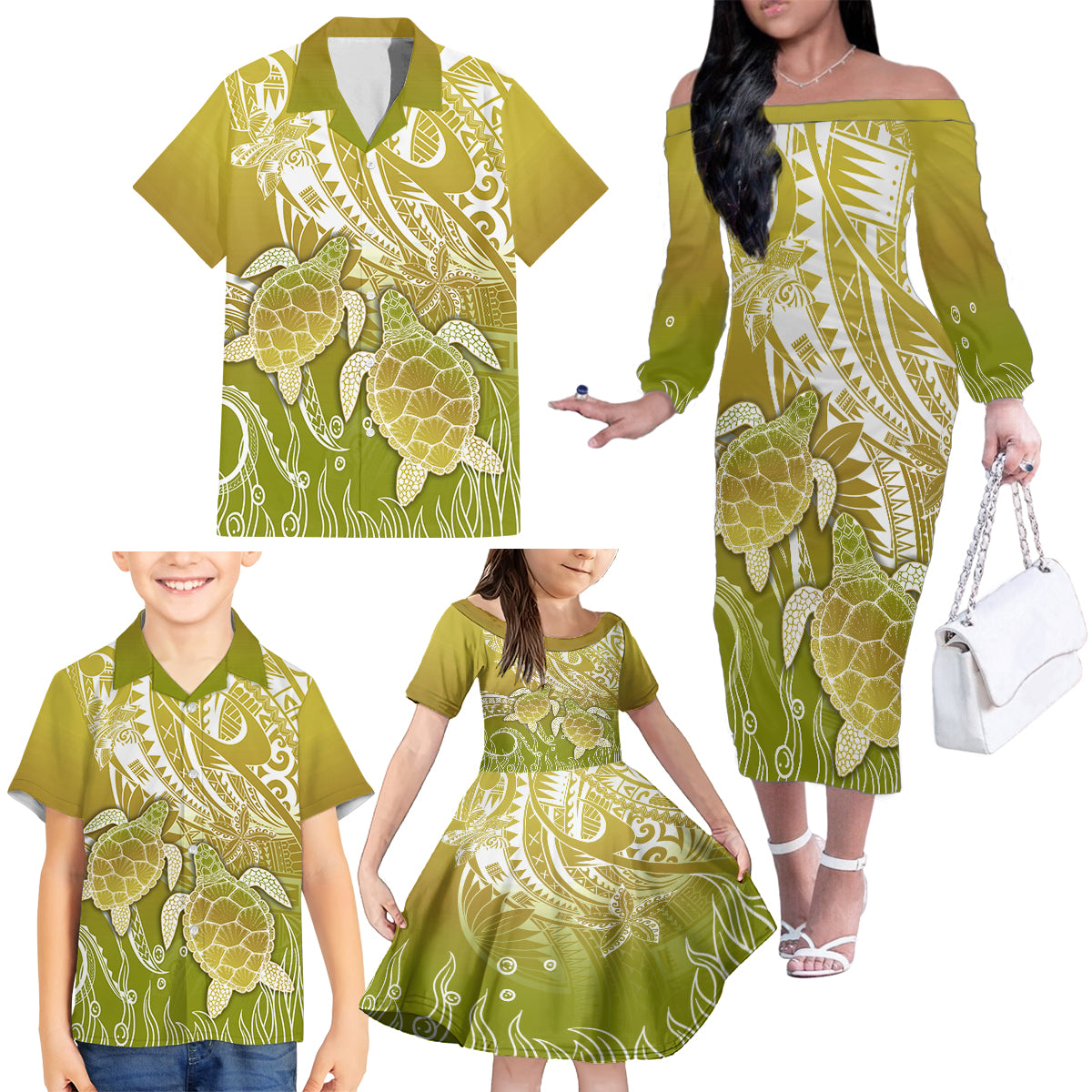 Polynesia Sea Turtle Family Matching Off Shoulder Long Sleeve Dress and Hawaiian Shirt Happy Valentine Day Polynesian - Gold LT14 - Polynesian Pride