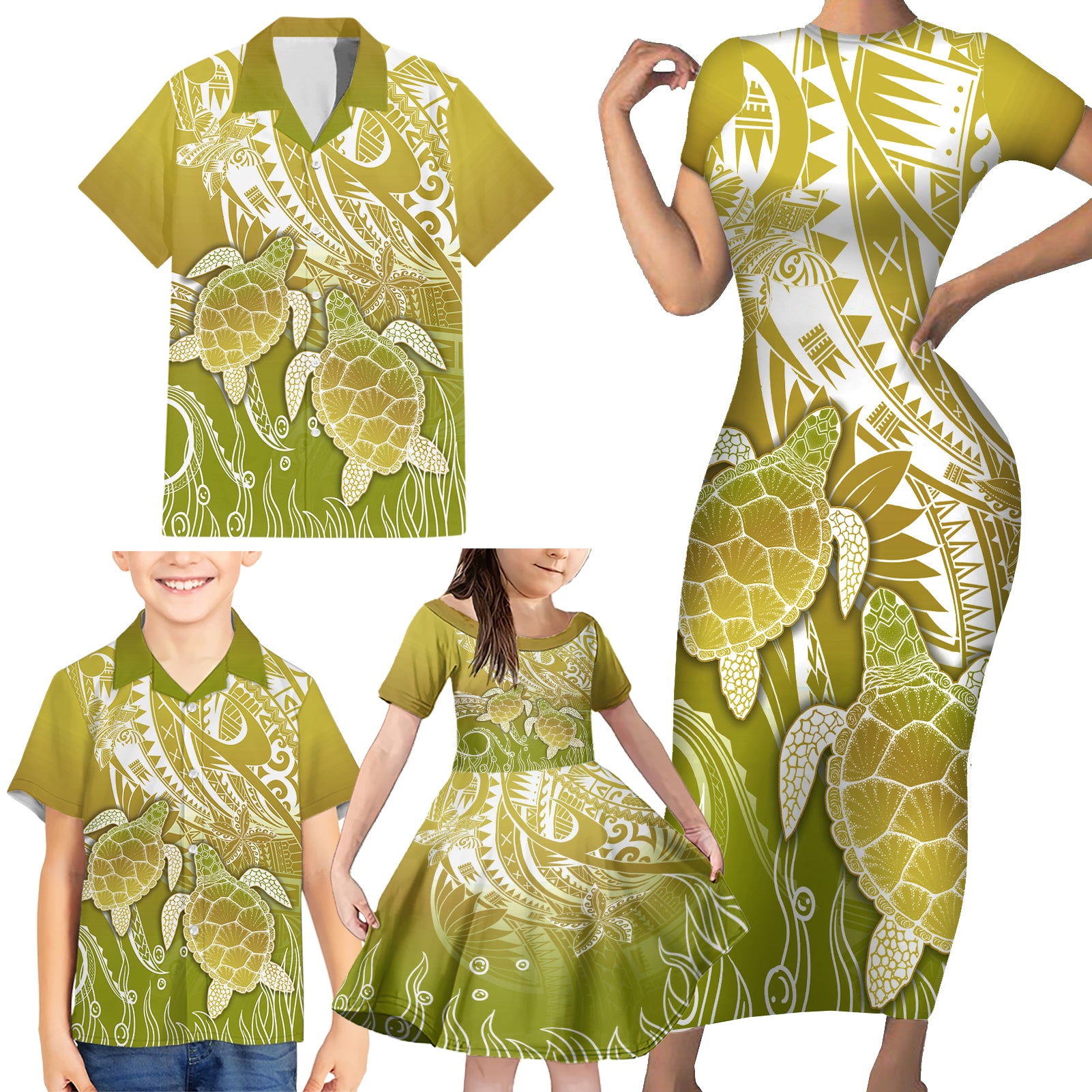 Polynesia Sea Turtle Family Matching Short Sleeve Bodycon Dress and Hawaiian Shirt Happy Valentine Day Polynesian - Gold LT14 - Polynesian Pride