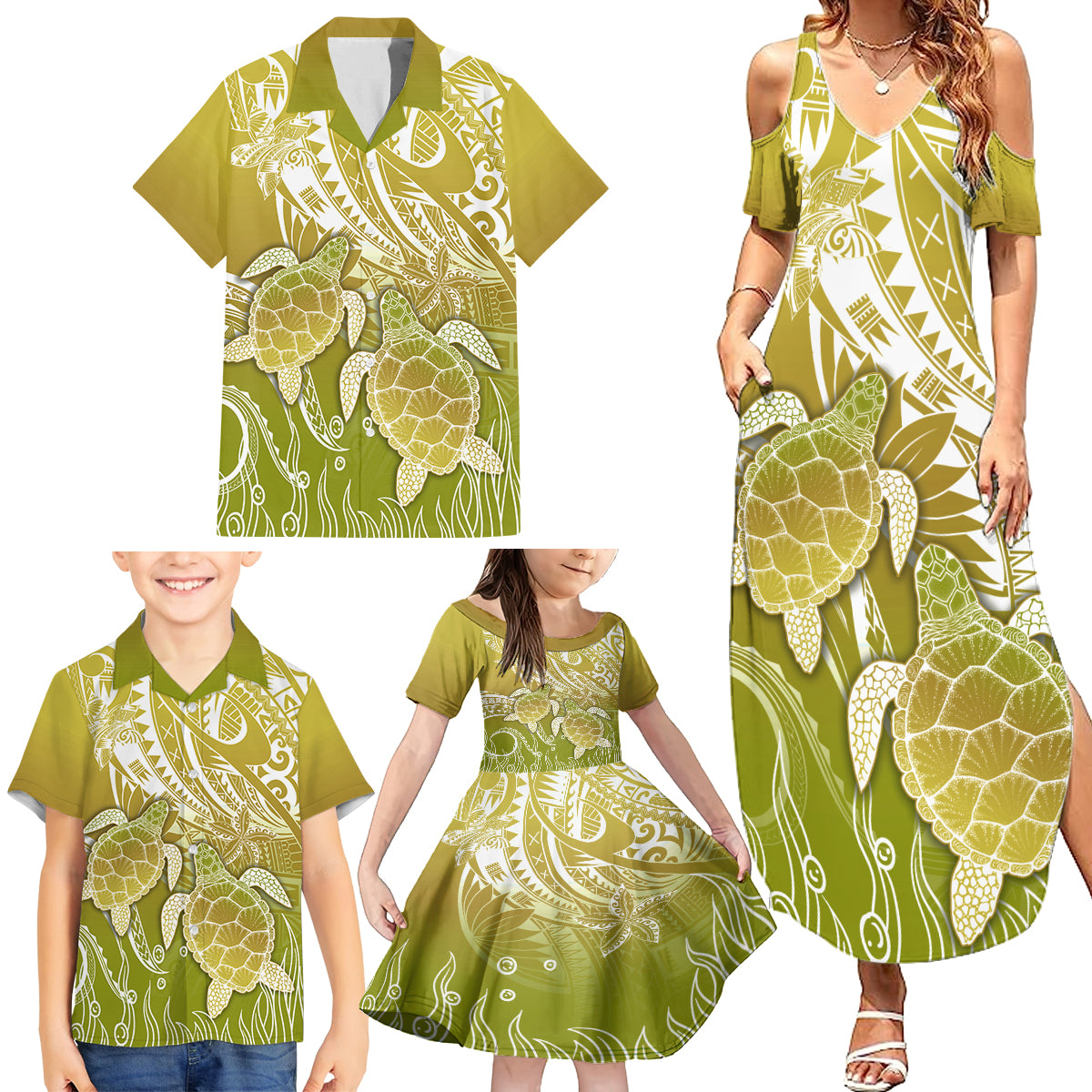 Polynesia Sea Turtle Family Matching Summer Maxi Dress and Hawaiian Shirt Happy Valentine Day Polynesian - Gold LT14 - Polynesian Pride