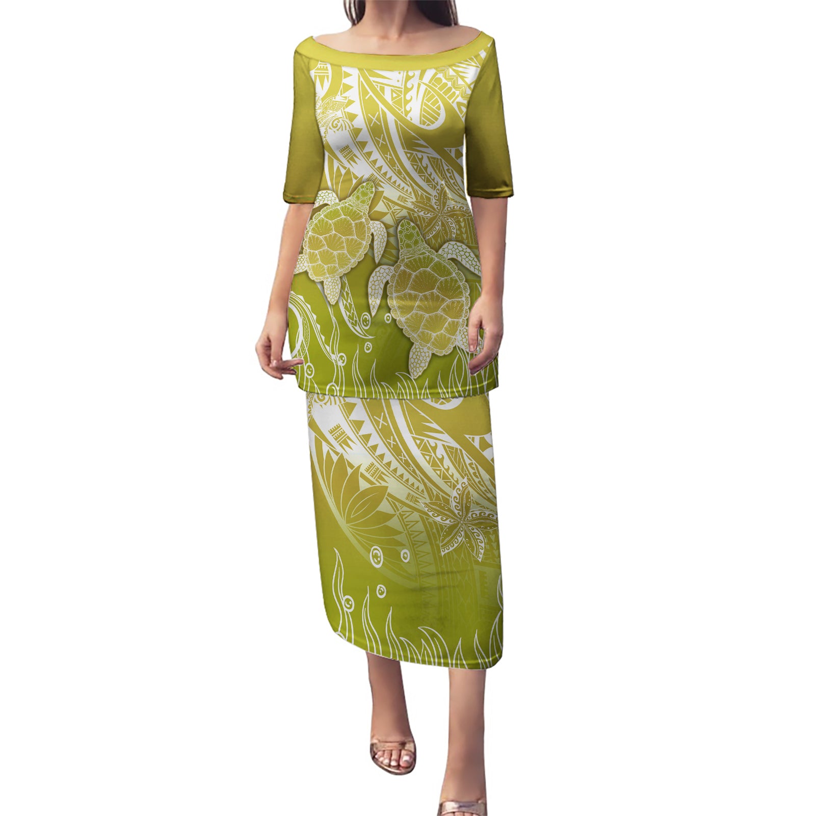 Polynesia Sea Turtle Puletasi Happy Valentine Day Polynesian - Gold LT14 Long Dress Gold - Polynesian Pride