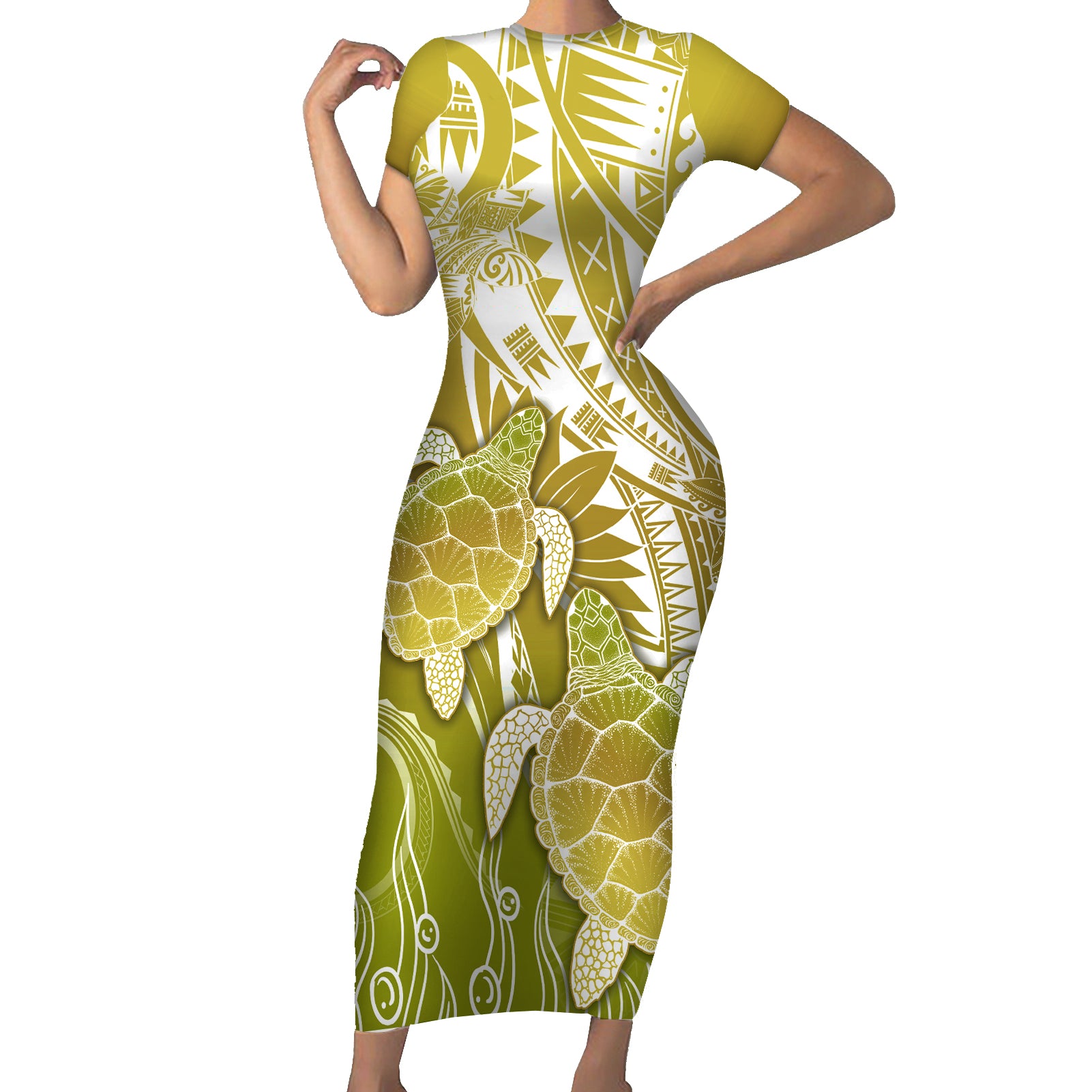 Polynesia Sea Turtle Short Sleeve Bodycon Dress Happy Valentine Day Polynesian - Gold LT14 Long Dress Gold - Polynesian Pride