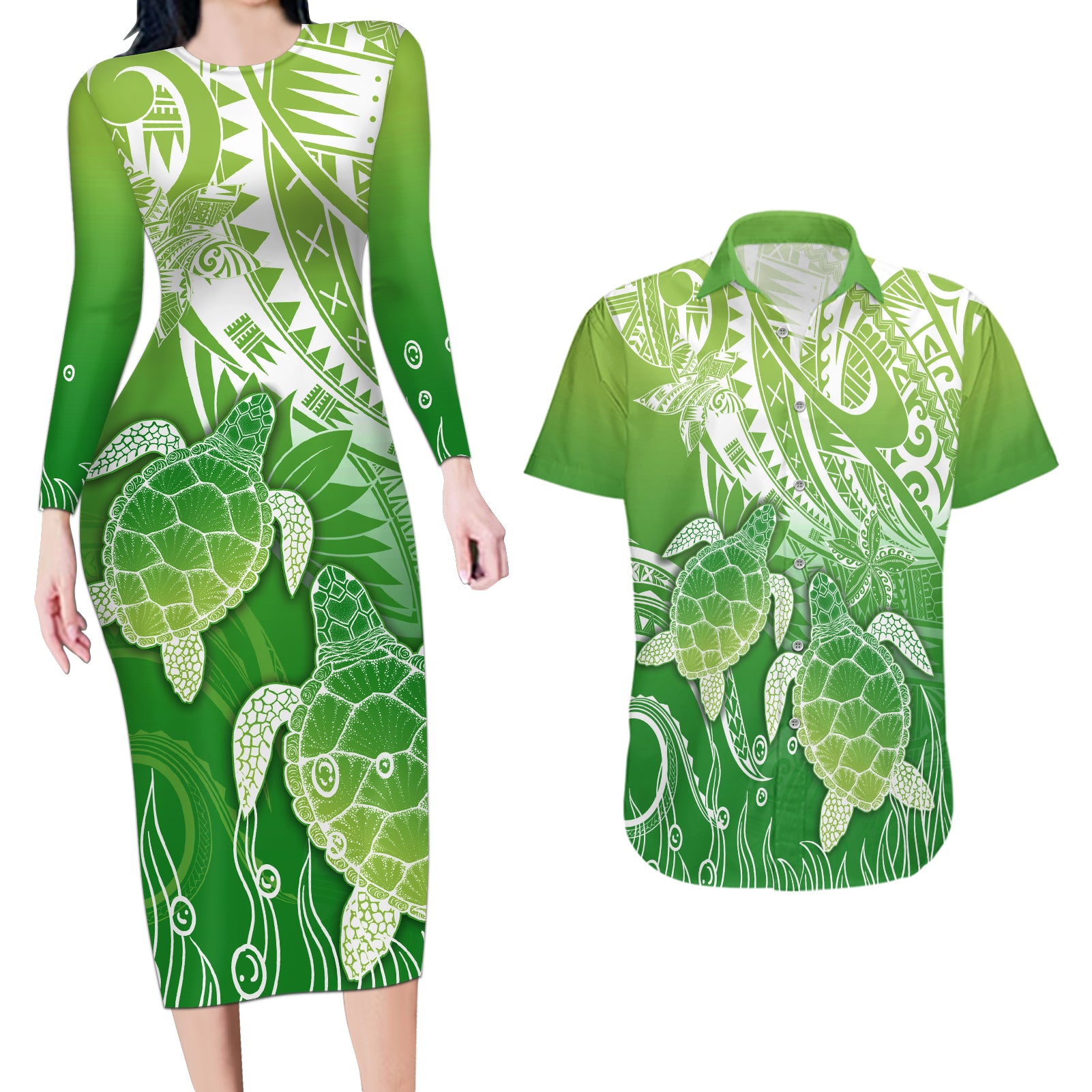 Polynesia Sea Turtle Couples Matching Long Sleeve Bodycon Dress and Hawaiian Shirt Happy Valentine Day Polynesian - Green LT14 Green - Polynesian Pride