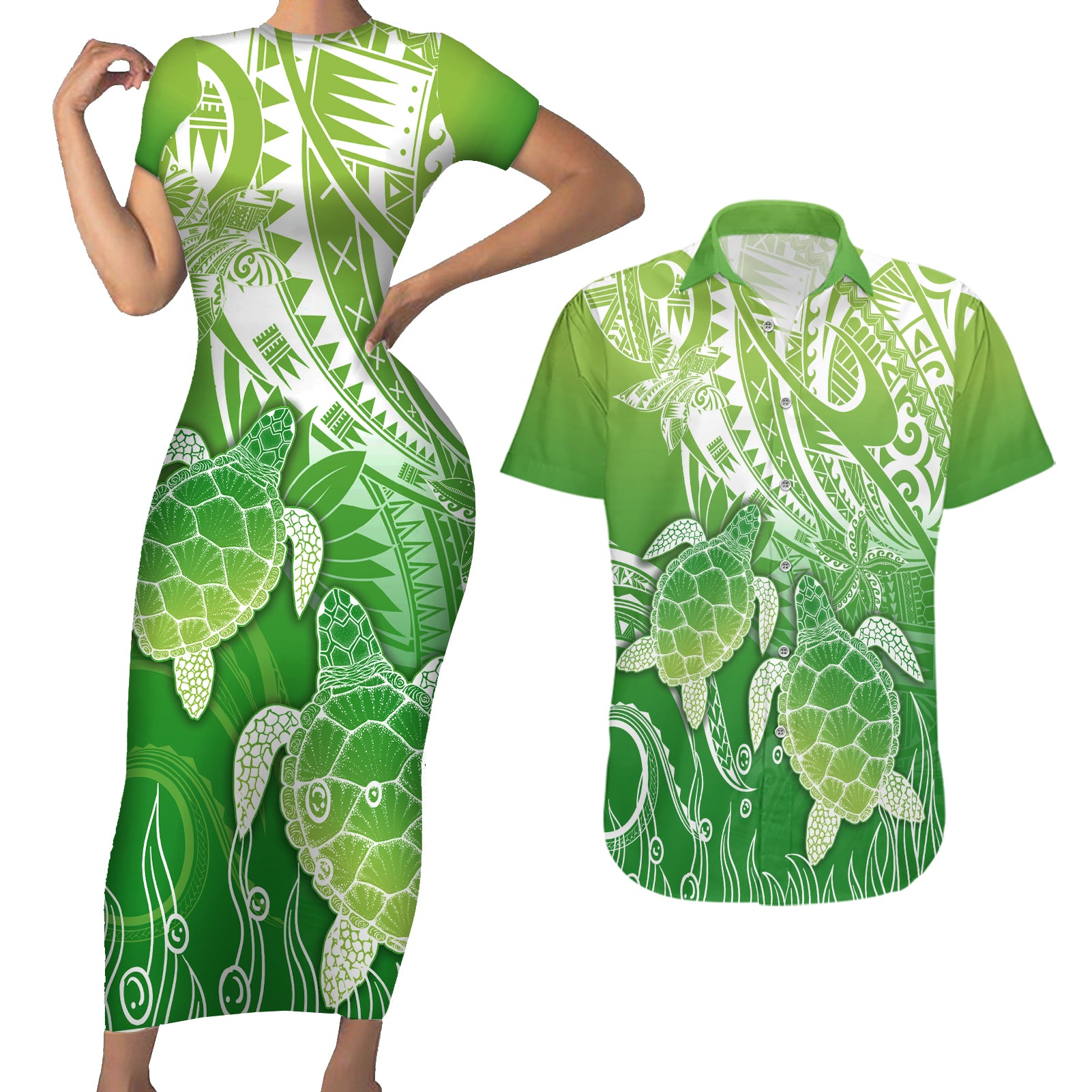 Polynesia Sea Turtle Couples Matching Short Sleeve Bodycon Dress and Hawaiian Shirt Happy Valentine Day Polynesian - Green LT14 Green - Polynesian Pride