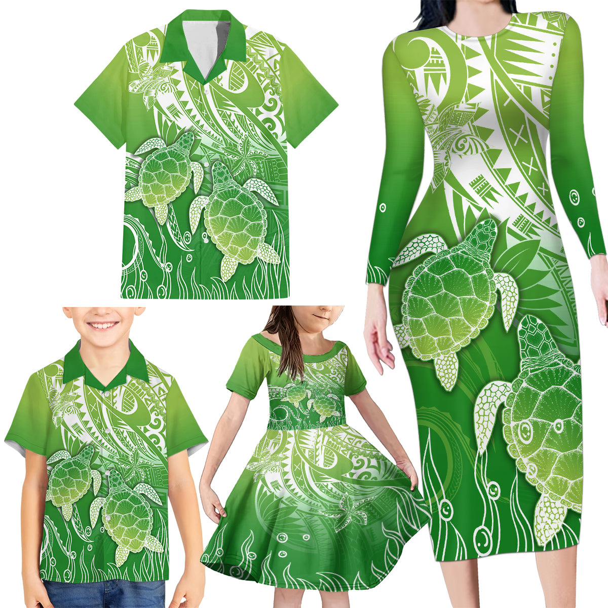 Polynesia Sea Turtle Family Matching Long Sleeve Bodycon Dress and Hawaiian Shirt Happy Valentine Day Polynesian - Green LT14 - Polynesian Pride