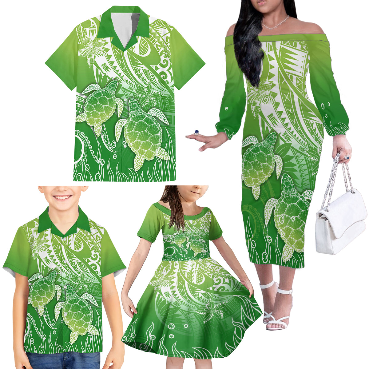 Polynesia Sea Turtle Family Matching Off Shoulder Long Sleeve Dress and Hawaiian Shirt Happy Valentine Day Polynesian - Green LT14 - Polynesian Pride