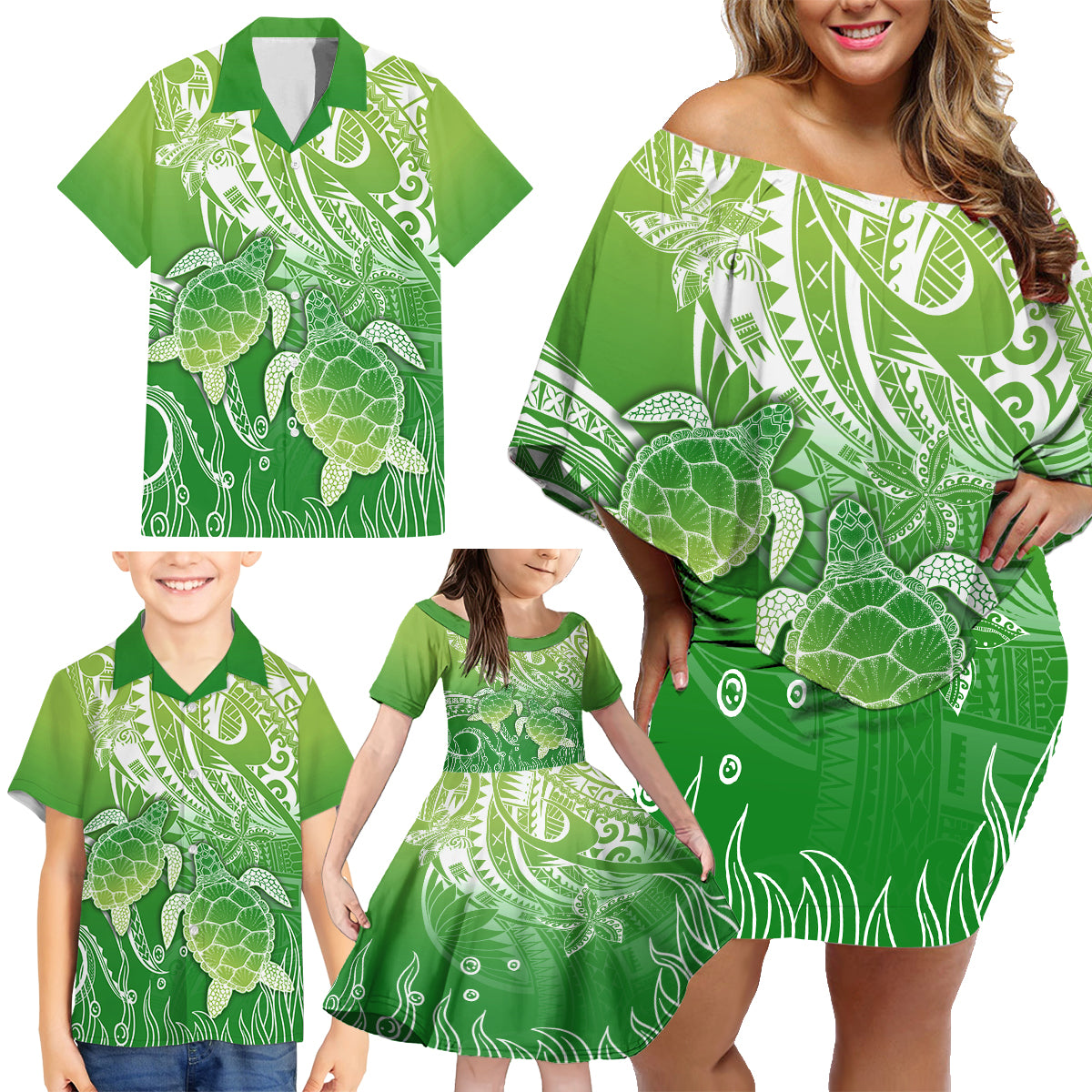 Polynesia Sea Turtle Family Matching Off Shoulder Short Dress and Hawaiian Shirt Happy Valentine Day Polynesian - Green LT14 - Polynesian Pride