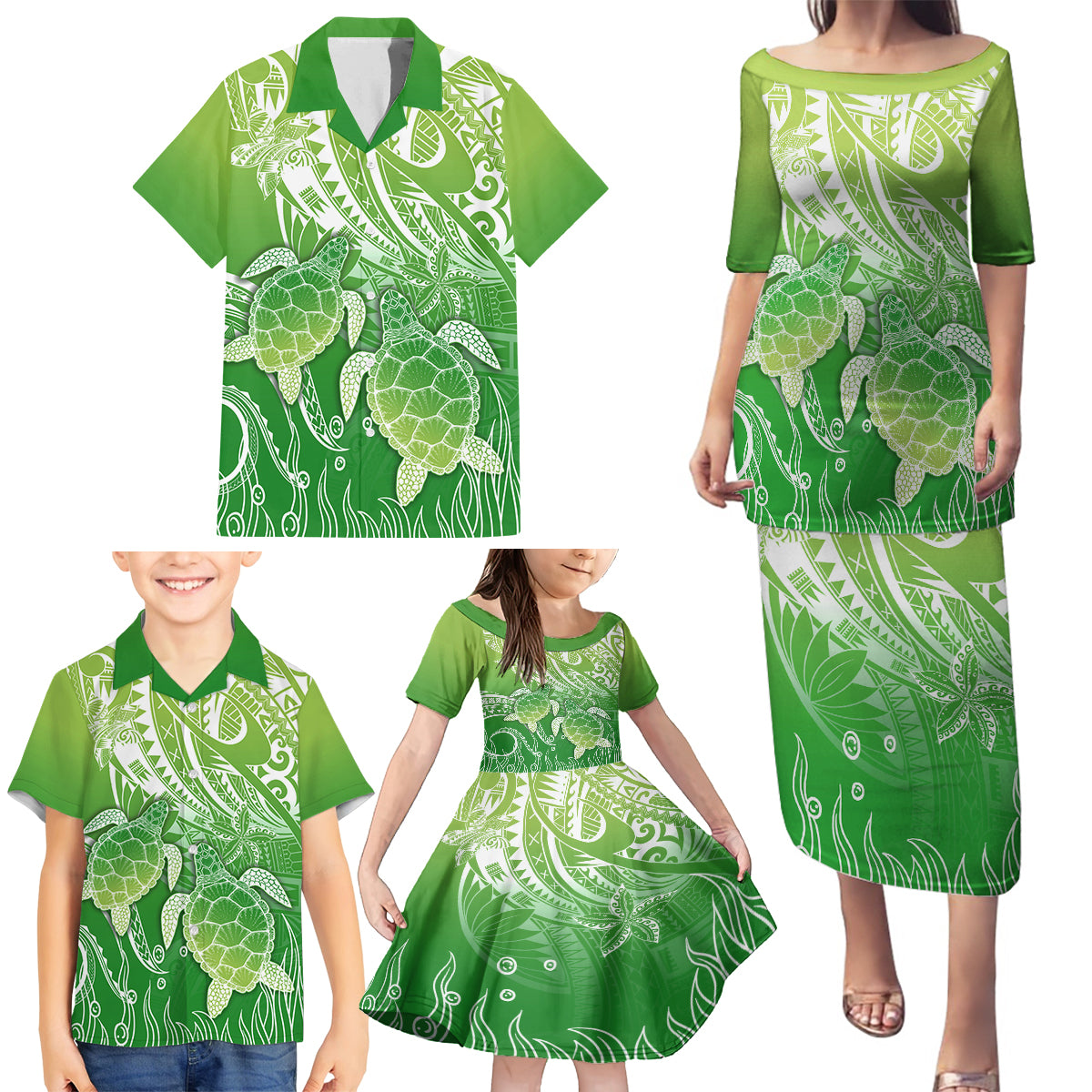 Polynesia Sea Turtle Family Matching Puletasi Dress and Hawaiian Shirt Happy Valentine Day Polynesian - Green LT14 - Polynesian Pride