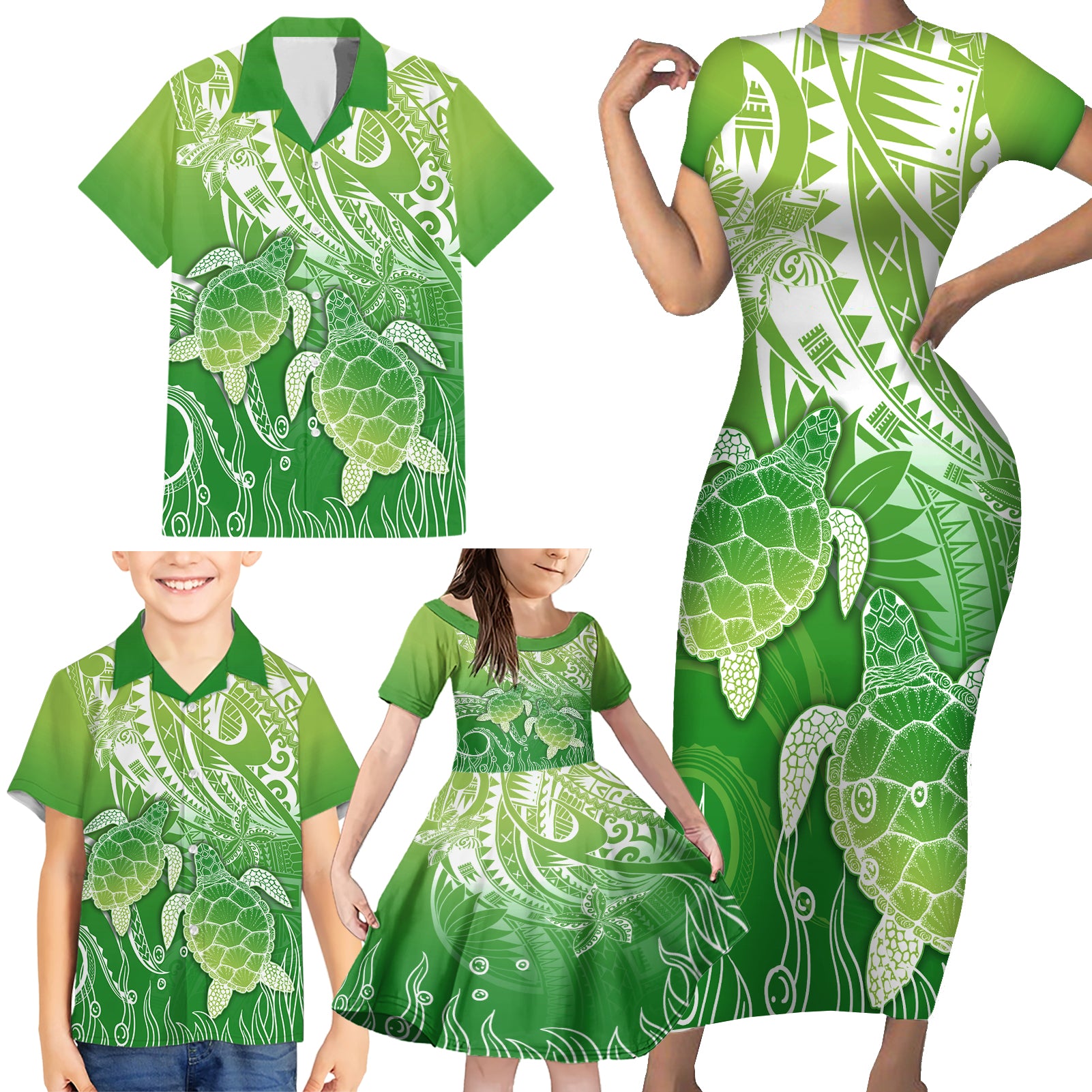 Polynesia Sea Turtle Family Matching Short Sleeve Bodycon Dress and Hawaiian Shirt Happy Valentine Day Polynesian - Green LT14 - Polynesian Pride