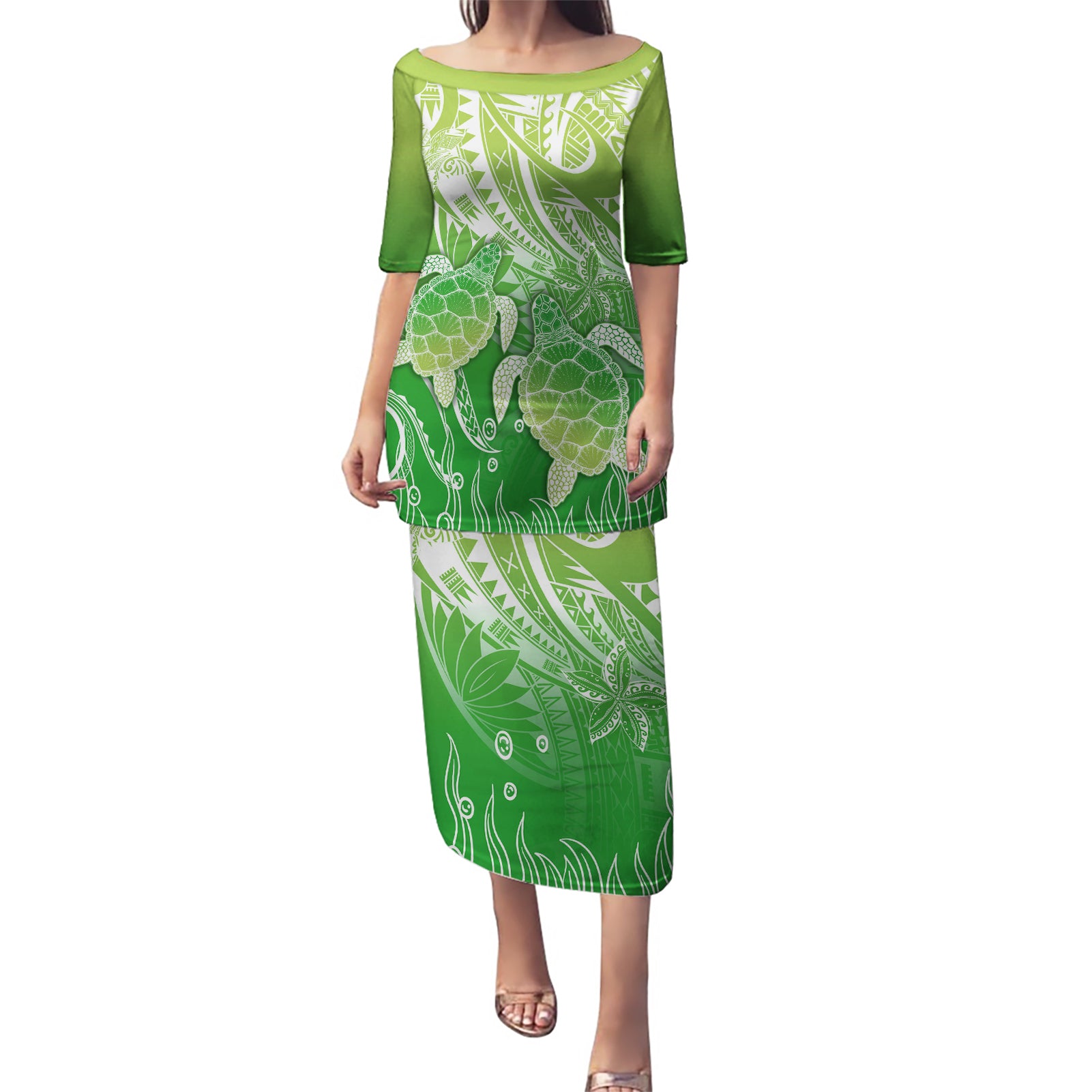 Polynesia Sea Turtle Puletasi Happy Valentine Day Polynesian - Green LT14 Long Dress Green - Polynesian Pride