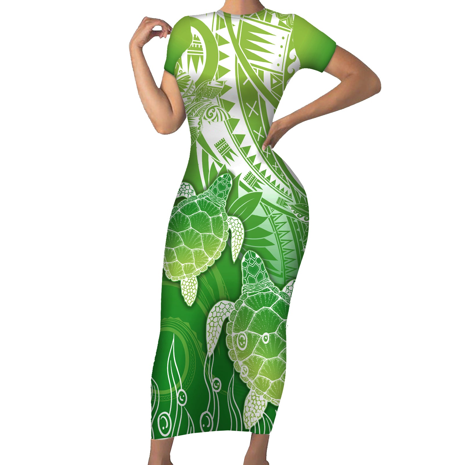 Polynesia Sea Turtle Short Sleeve Bodycon Dress Happy Valentine Day Polynesian - Green LT14 Long Dress Green - Polynesian Pride