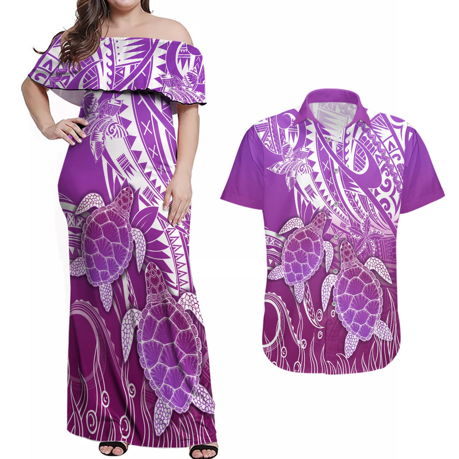 Polynesia Valentine Day Couples Matching Off Shoulder Maxi Dress and Hawaiian Shirt Polynesian Sea Turtle Purple Version LT14 Purple - Polynesian Pride