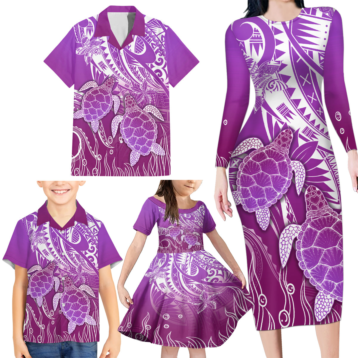 Polynesia Valentine Day Family Matching Long Sleeve Bodycon Dress and Hawaiian Shirt Polynesian Sea Turtle Purple Version LT14 - Polynesian Pride