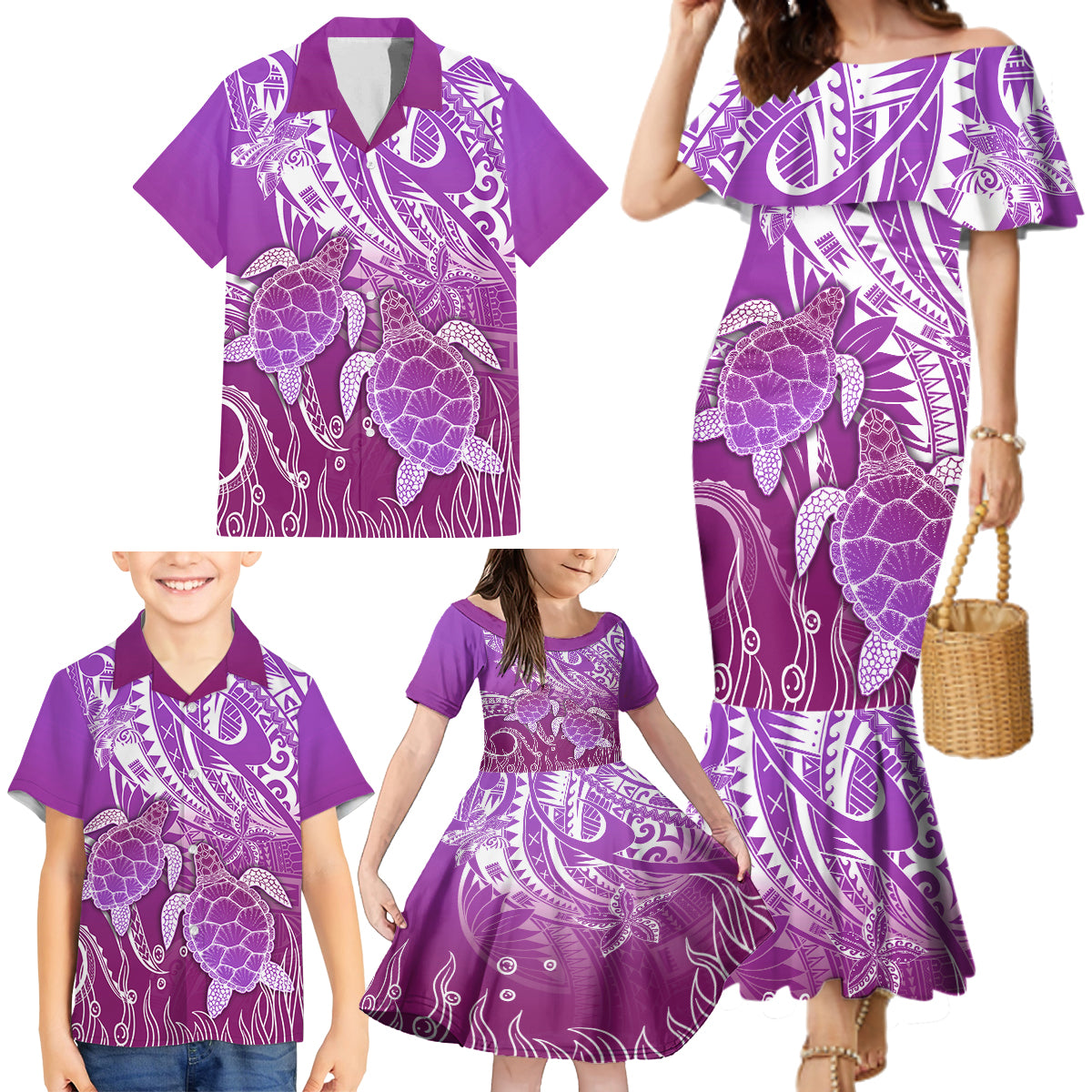 Polynesia Valentine Day Family Matching Mermaid Dress and Hawaiian Shirt Polynesian Sea Turtle Purple Version LT14 - Polynesian Pride