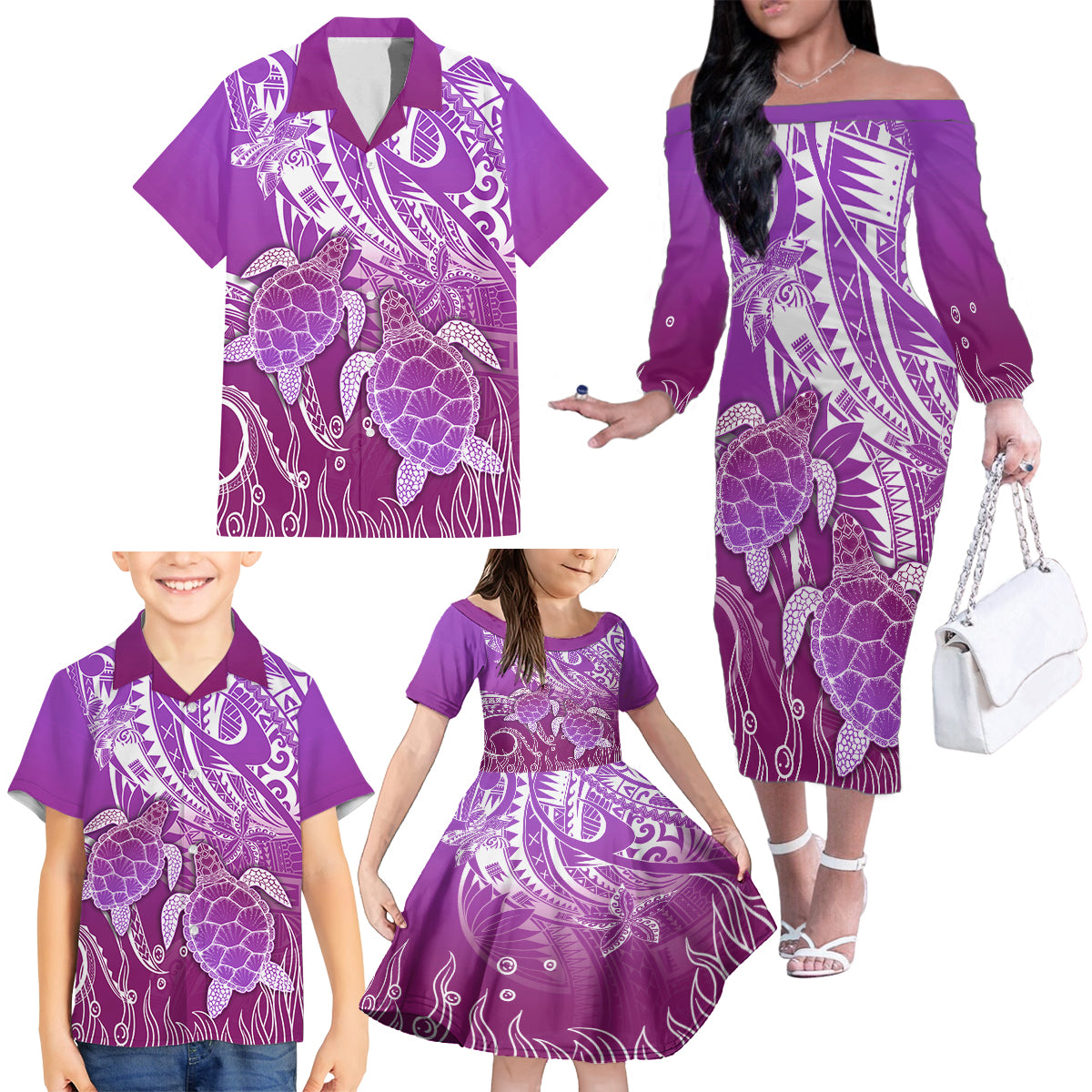 Polynesia Valentine Day Family Matching Off Shoulder Long Sleeve Dress and Hawaiian Shirt Polynesian Sea Turtle Purple Version LT14 - Polynesian Pride