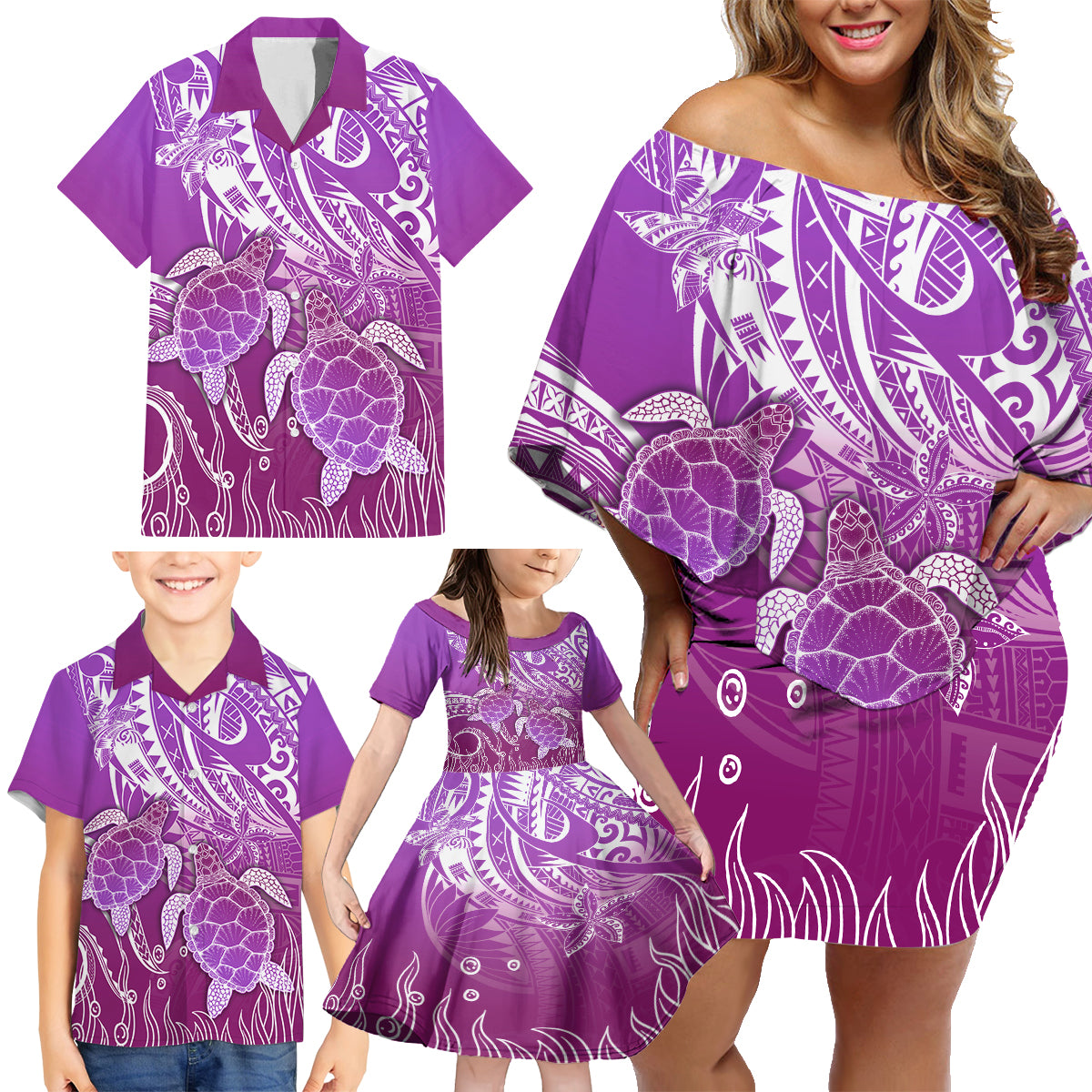 Polynesia Valentine Day Family Matching Off Shoulder Short Dress and Hawaiian Shirt Polynesian Sea Turtle Purple Version LT14 - Polynesian Pride