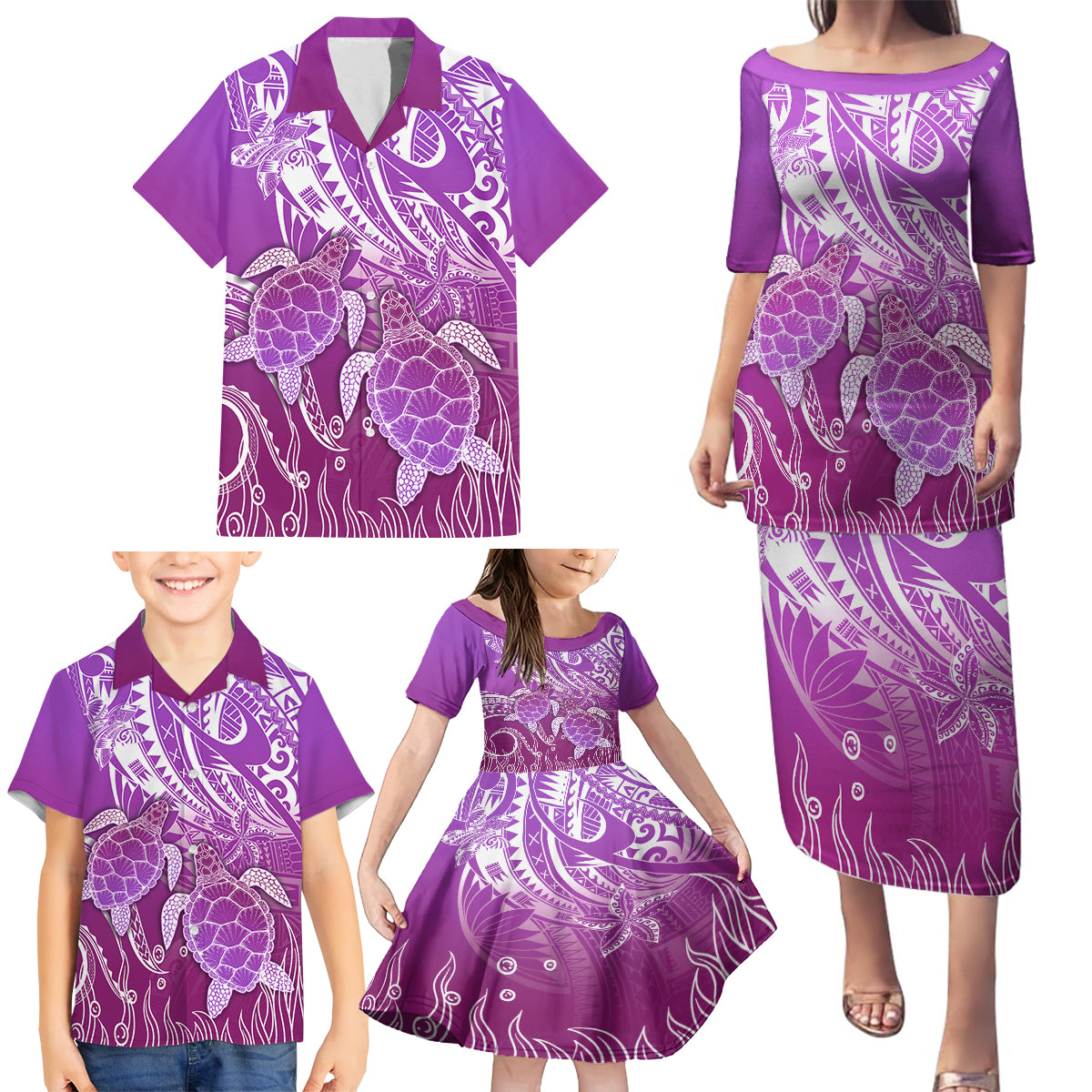 Polynesia Valentine Day Family Matching Puletasi Dress and Hawaiian Shirt Polynesian Sea Turtle Purple Version LT14 - Polynesian Pride