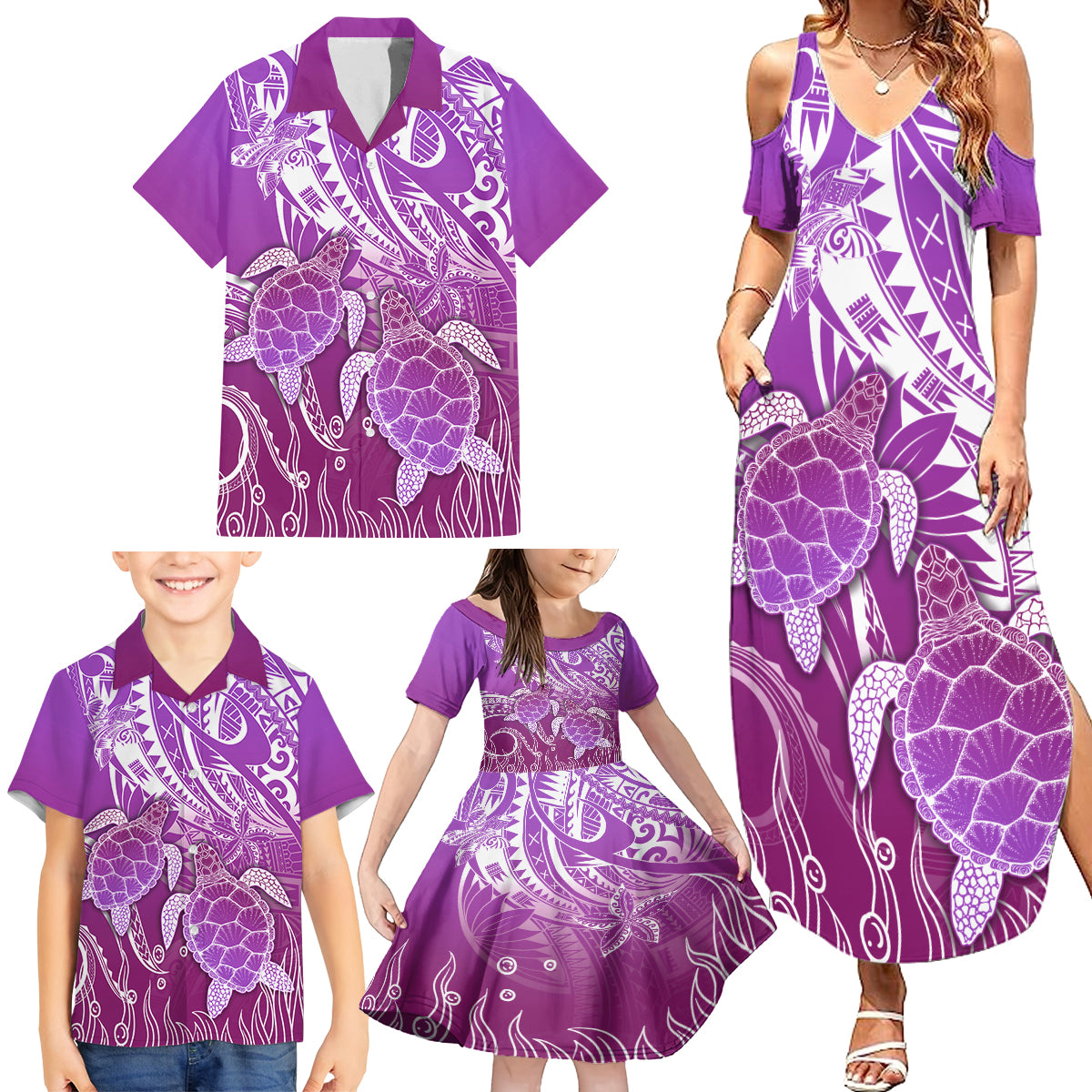 Polynesia Valentine Day Family Matching Summer Maxi Dress and Hawaiian Shirt Polynesian Sea Turtle Purple Version LT14 - Polynesian Pride