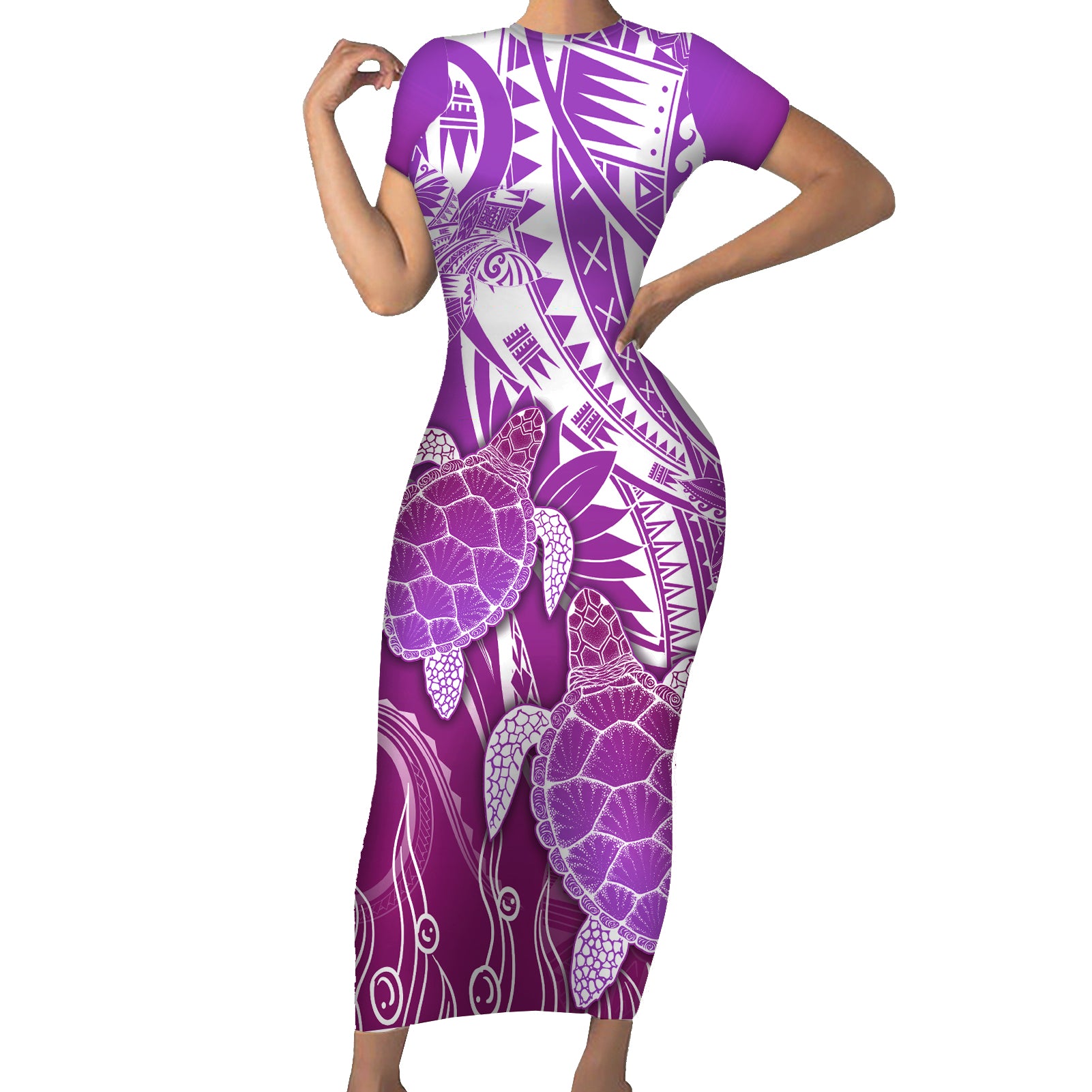 Polynesia Valentine Day Short Sleeve Bodycon Dress Polynesian Sea Turtle Purple Version LT14 Long Dress Purple - Polynesian Pride