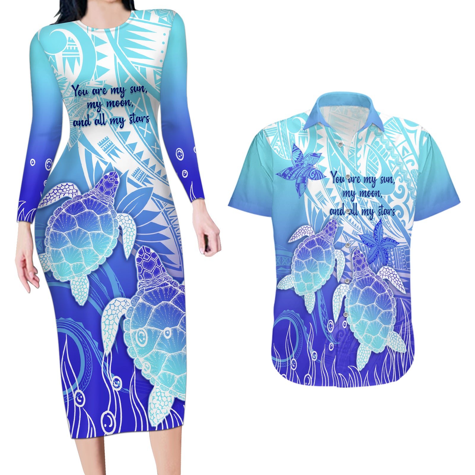 Polynesia Valentine Day Couples Matching Long Sleeve Bodycon Dress and Hawaiian Shirt Polynesian Sea Turtle Turquoise Version LT14 Turquoise - Polynesian Pride