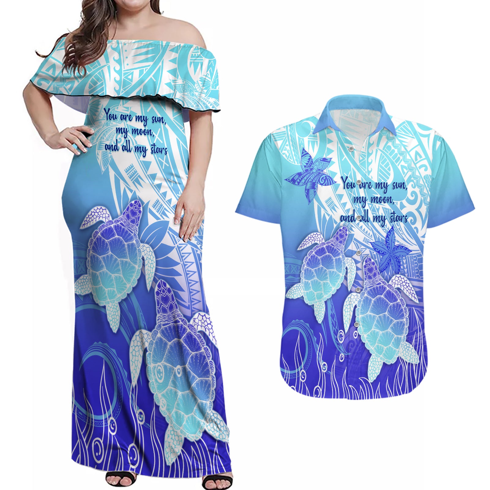 Polynesia Valentine Day Couples Matching Off Shoulder Maxi Dress and Hawaiian Shirt Polynesian Sea Turtle Turquoise Version LT14 Turquoise - Polynesian Pride