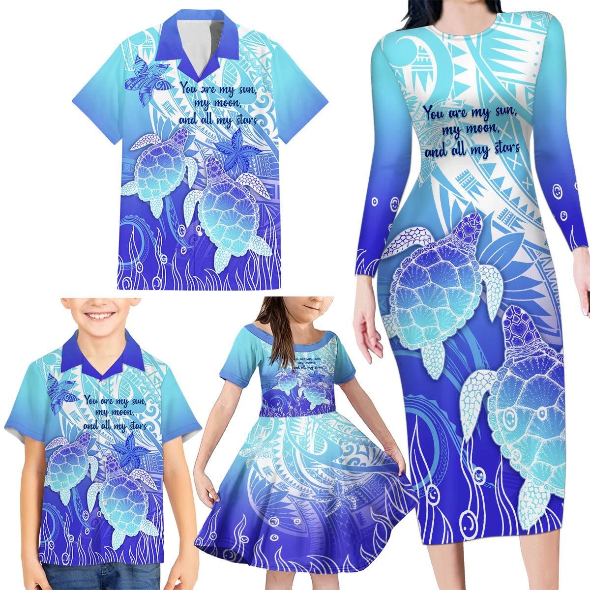 Polynesia Valentine Day Family Matching Long Sleeve Bodycon Dress and Hawaiian Shirt Polynesian Sea Turtle Turquoise Version LT14 - Polynesian Pride