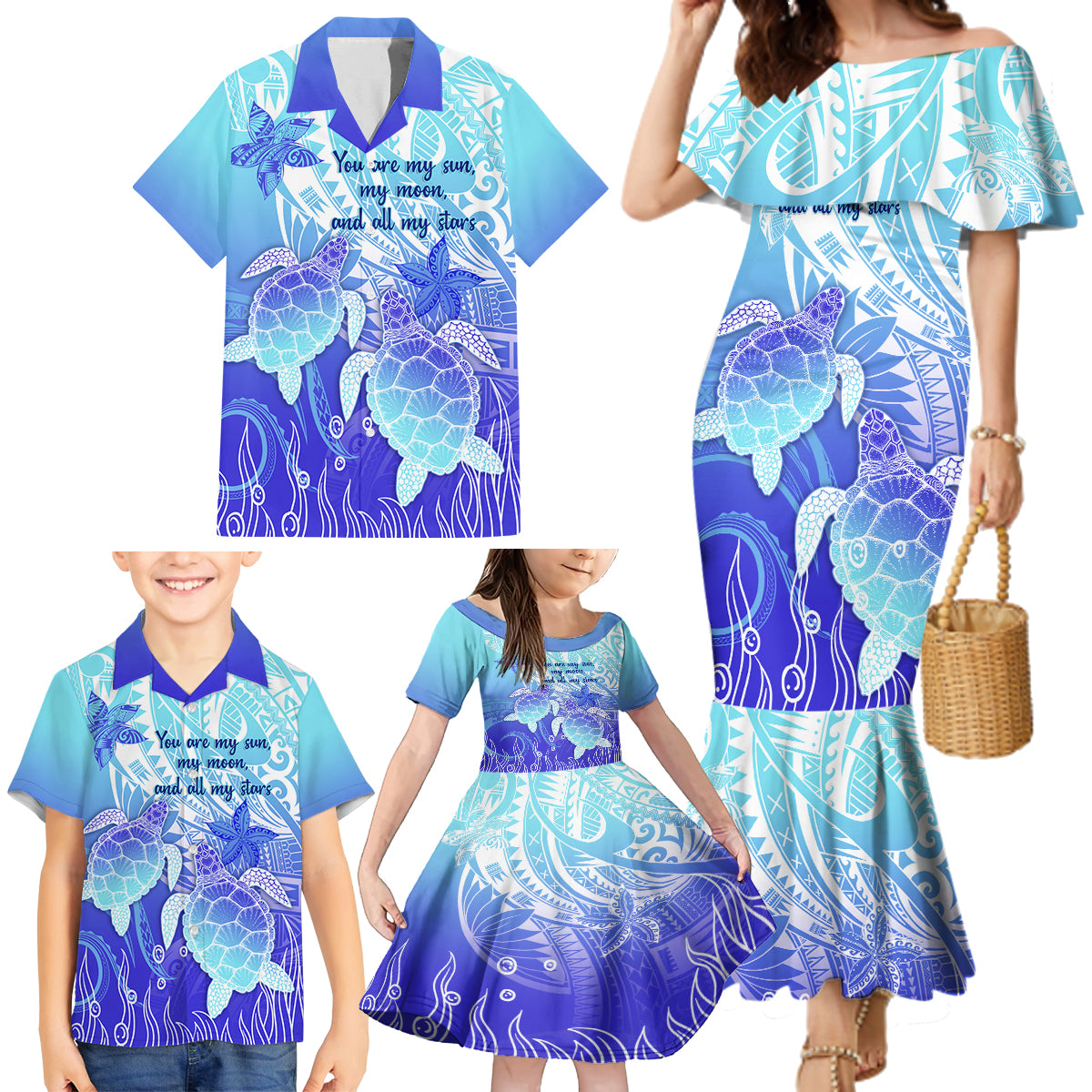 Polynesia Valentine Day Family Matching Mermaid Dress and Hawaiian Shirt Polynesian Sea Turtle Turquoise Version LT14 - Polynesian Pride