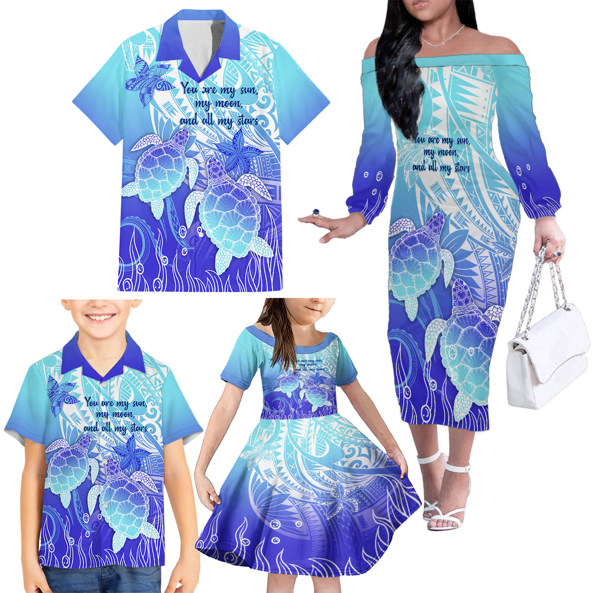 Polynesia Valentine Day Family Matching Off Shoulder Long Sleeve Dress and Hawaiian Shirt Polynesian Sea Turtle Turquoise Version LT14 - Polynesian Pride