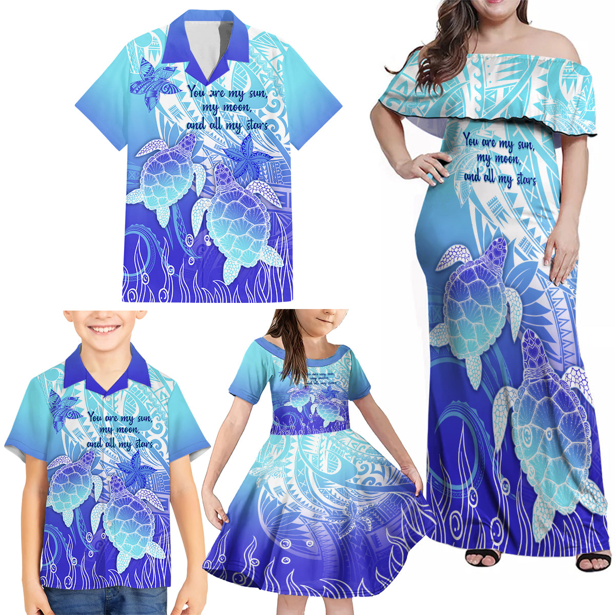 Polynesia Valentine Day Family Matching Off Shoulder Maxi Dress and Hawaiian Shirt Polynesian Sea Turtle Turquoise Version LT14 - Polynesian Pride