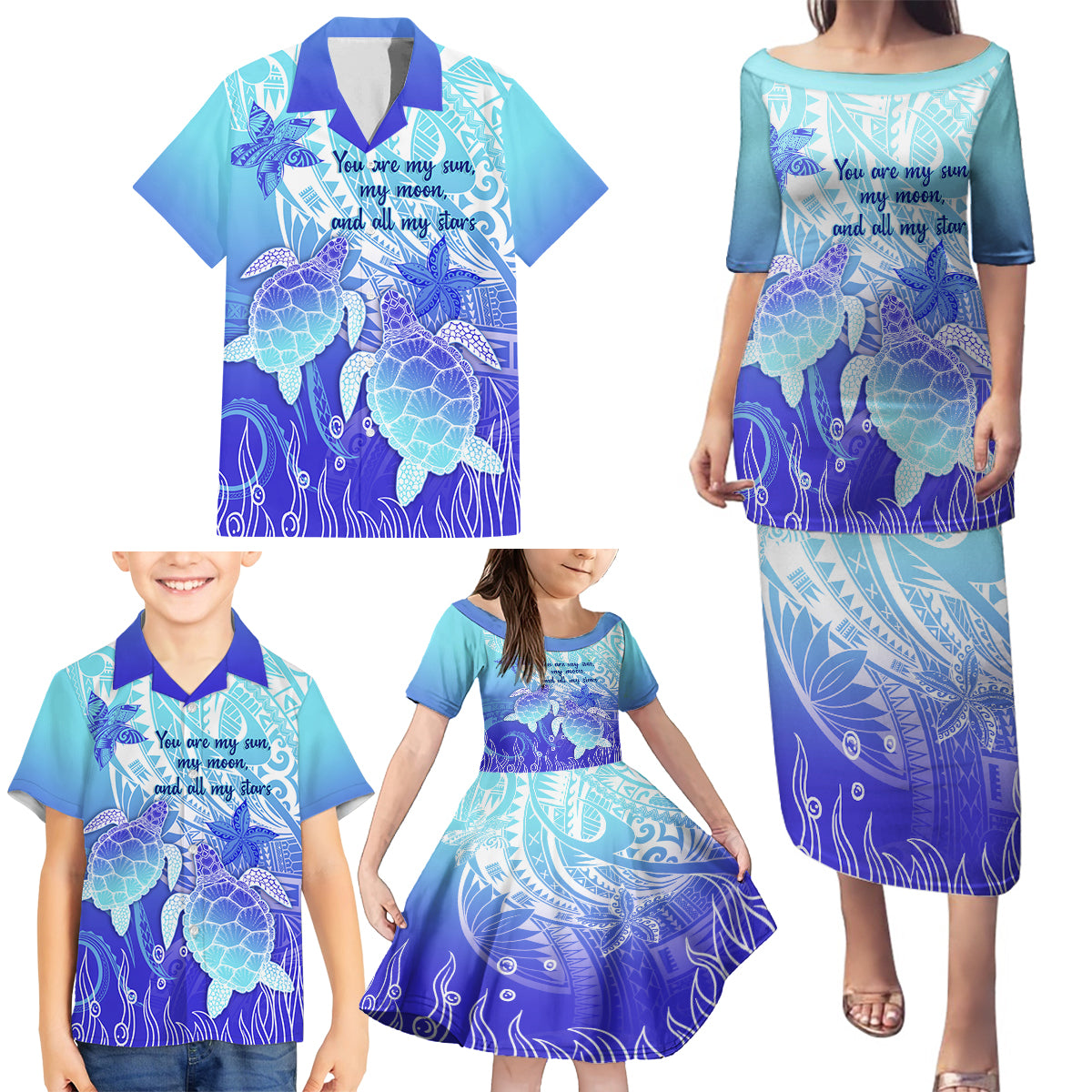 Polynesia Valentine Day Family Matching Puletasi Dress and Hawaiian Shirt Polynesian Sea Turtle Turquoise Version LT14 - Polynesian Pride