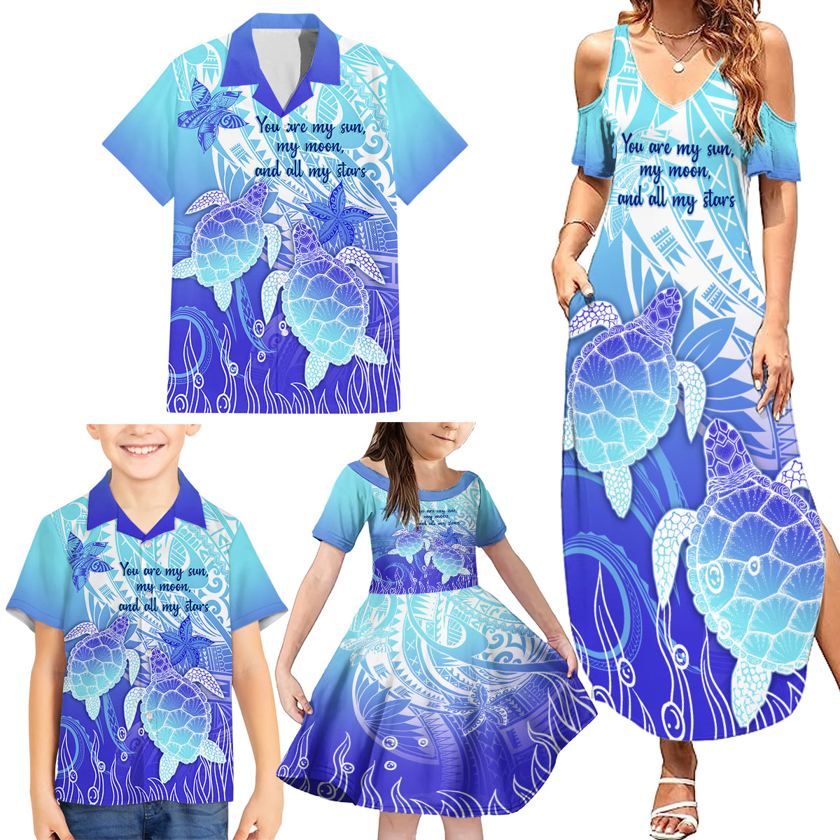 Polynesia Valentine Day Family Matching Summer Maxi Dress and Hawaiian Shirt Polynesian Sea Turtle Turquoise Version LT14 - Polynesian Pride