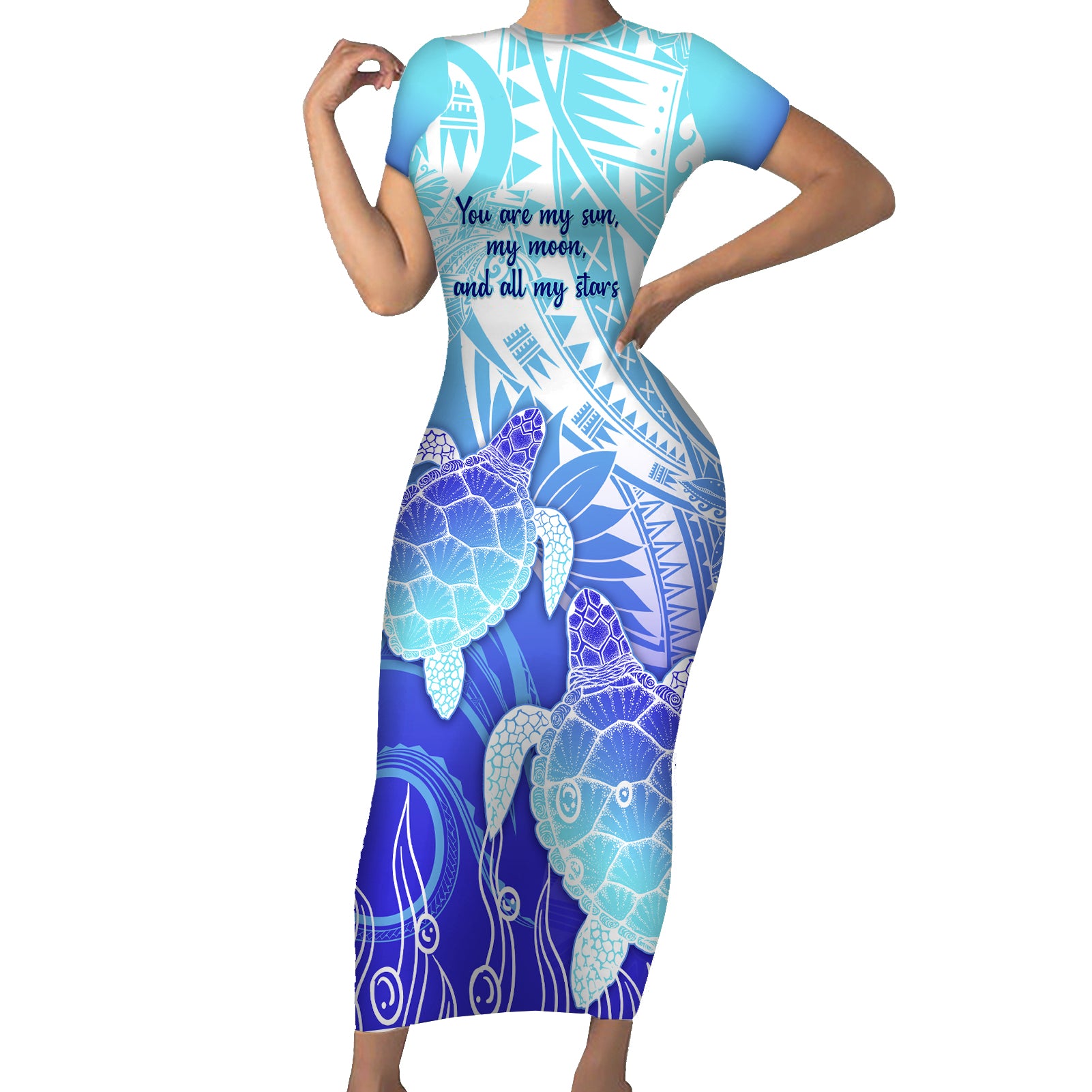 Polynesia Valentine Day Short Sleeve Bodycon Dress Polynesian Sea Turtle Turquoise Version LT14 Long Dress Turquoise - Polynesian Pride