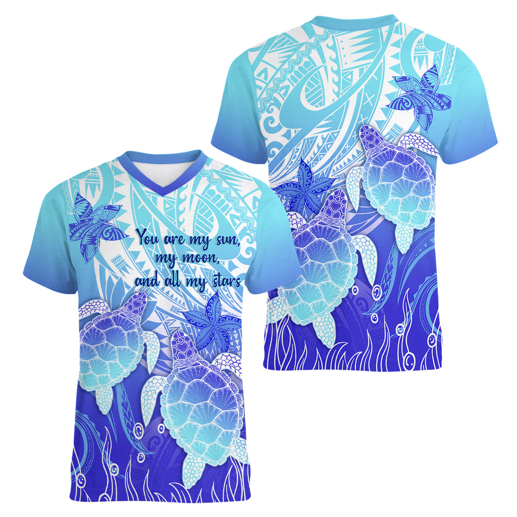 Polynesia Valentine Day Women V Neck T Shirt Polynesian Sea Turtle Turquoise Version LT14 - Polynesian Pride